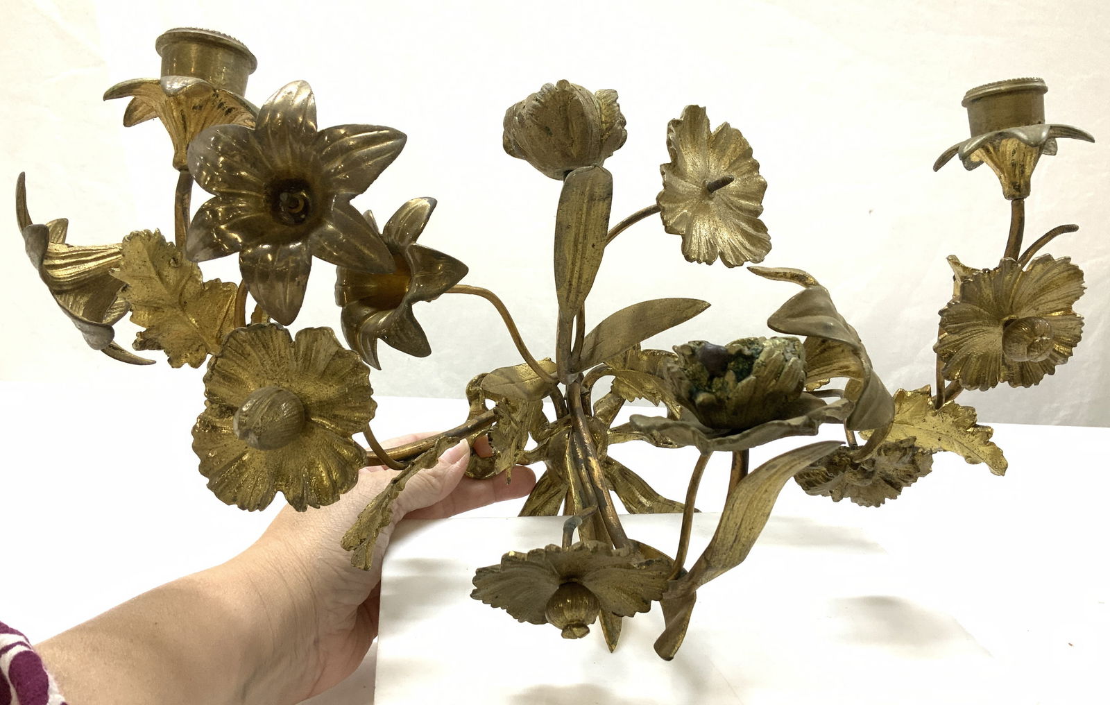 Floral Gilt Brass Candelabra Wall Sconce (1 of 7)