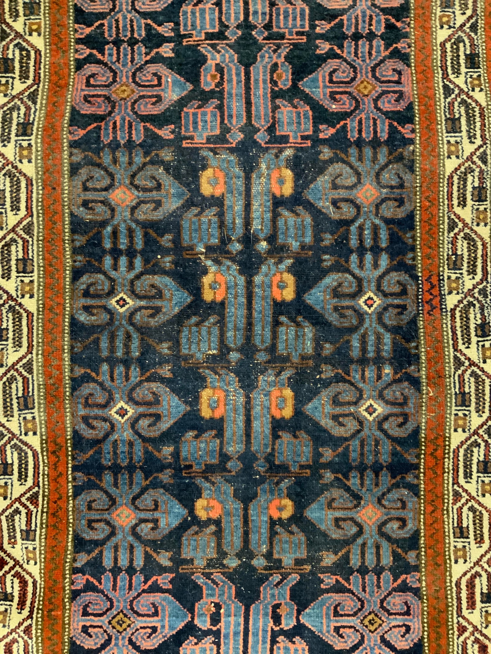 Vintage Handmade Persian Wool Rug: Rug is handmade and wool. Piece appears to be Persian. Rug has intricate multi toned geometric detail. Piece measures approximately 71 inches long 40 inches wide. Rug, carpet, wool rug, area rug, hand