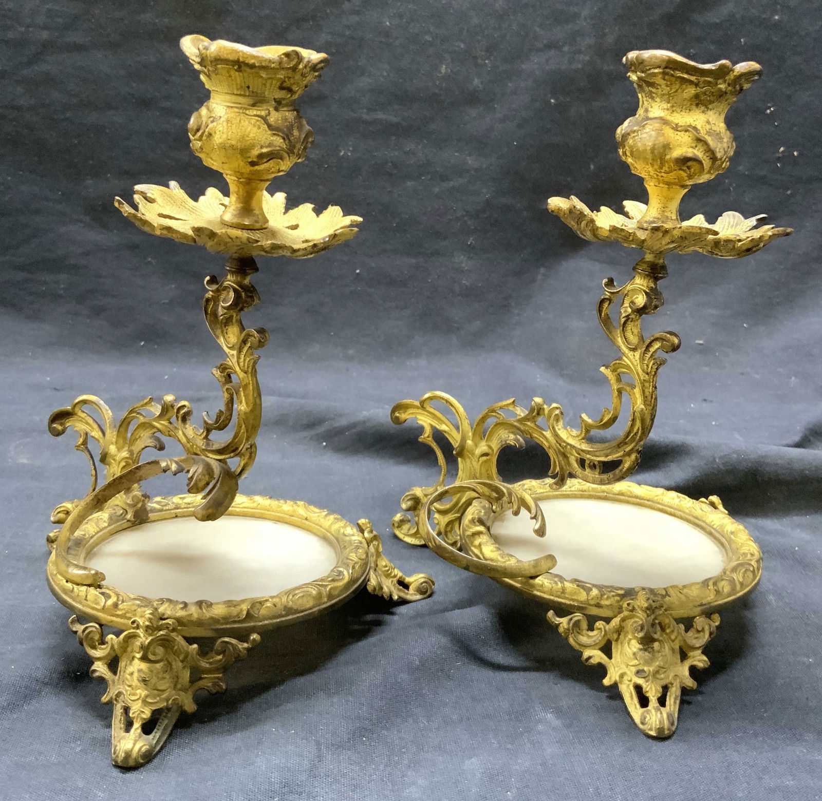 Pair Victorian Gilt Metal & Glass Candlesticks (1 of 8)