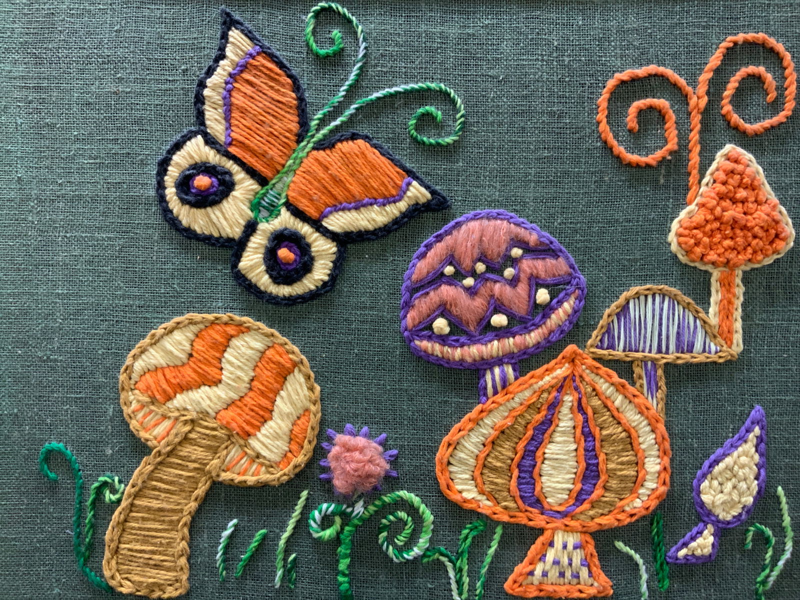 Framed Vntg Cross Stitching Mushroom Fabric Art (1 of 8)