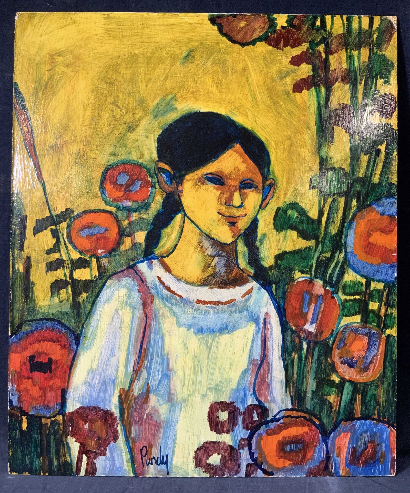 Purdy Signed Portrait of Girl in Meadow Painting: Oil paint on masonite board. Signed on lower center. Signature reads Purdy. Subject depicts a young girl surrounded by flowers in a post impressionistic style. Verso reads masonite. Canvas board measu