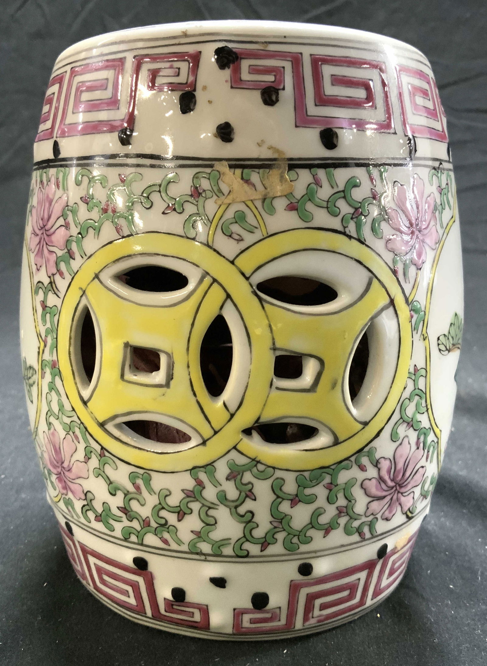 Vntg H Painted Asian Porc Garden Stool Figure: Garden stool figure is hand painted. Piece is porcelain. Figure has intricate multi toned geometric, floral and leaf detail. Piece has pierced detail. Measures approximately 6 inches tall 5 inches wid