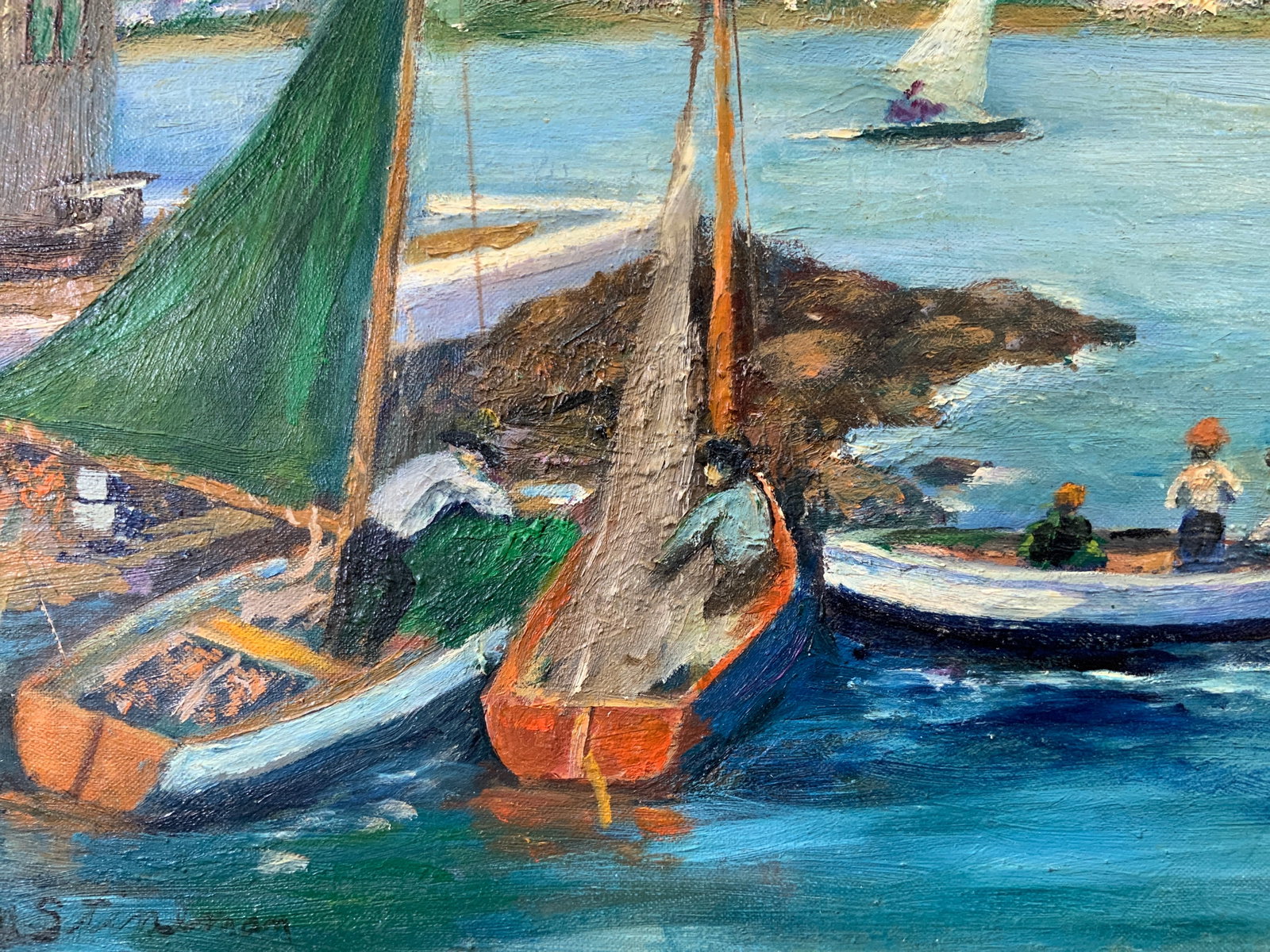 Jean Stineman Signed Sunday Afternoon Oil Painting: Oil paint on canvas board. Signed on lower left corner. Subject depicts a Sunday afternoon in Northern Ireland with people on boats. COA affixed to verso. Framed in wooden frame with carved circular m