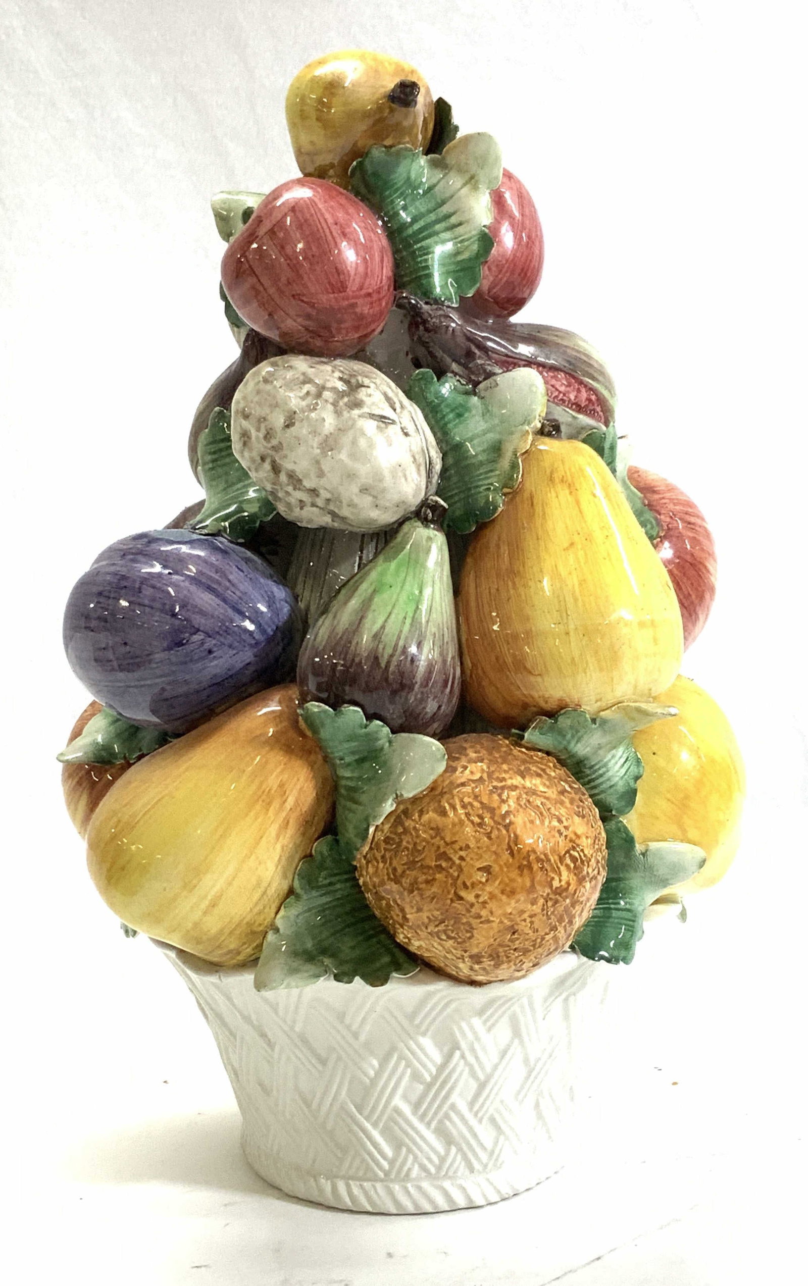 Hand Crafted Italian Porcelain Fruit Topiary: Handmade and hand painted porcelain fruit topiary. Made and Italy and signed Italy on verso. Fruits such as apple, pear, plum, orange, and nuts. 10 x 6.5 in. Majolica, Made in Italy , Italian decorati