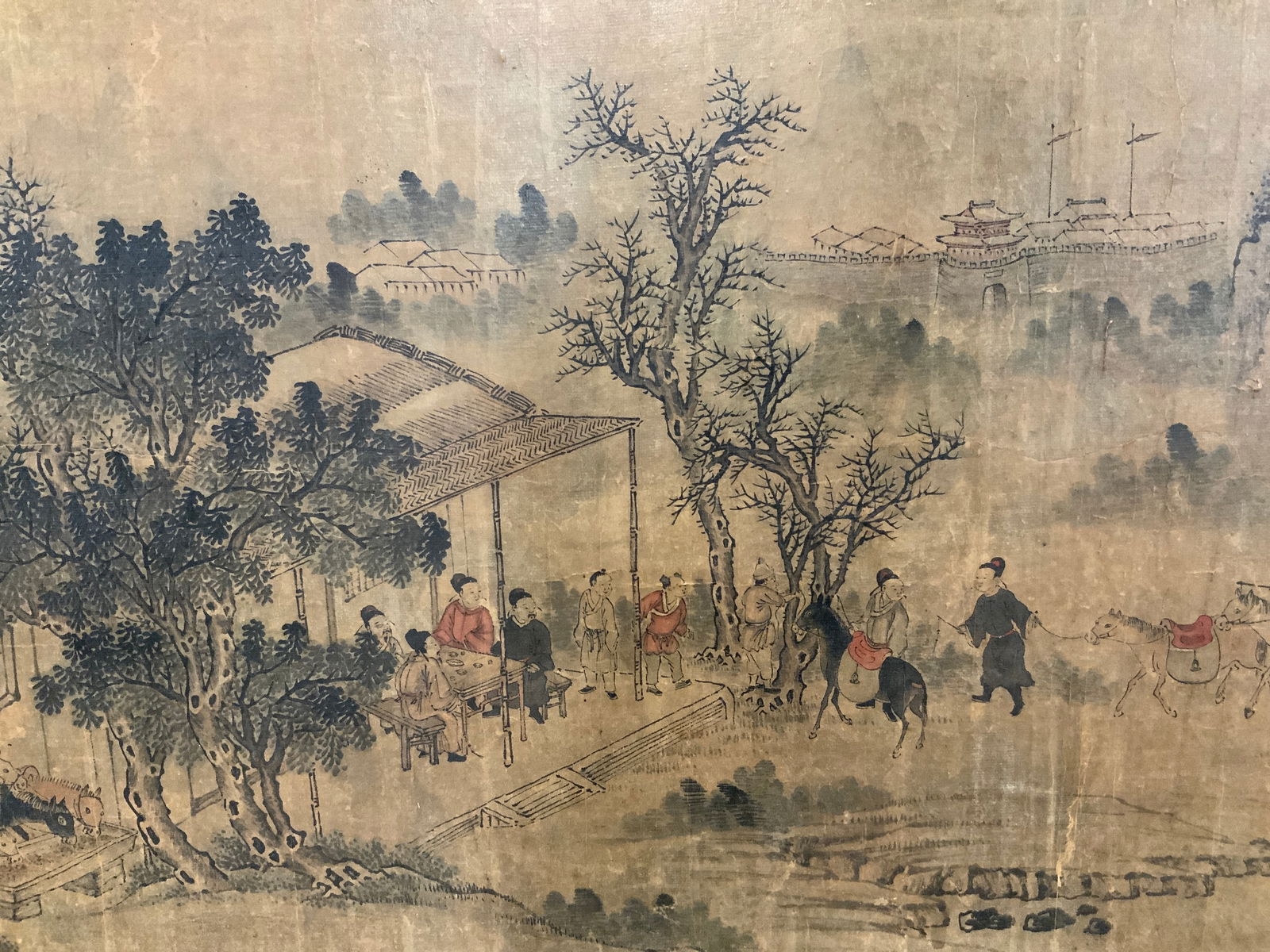 Framed Asian Scroll Painting Gathering Scene47in (1 of 17)