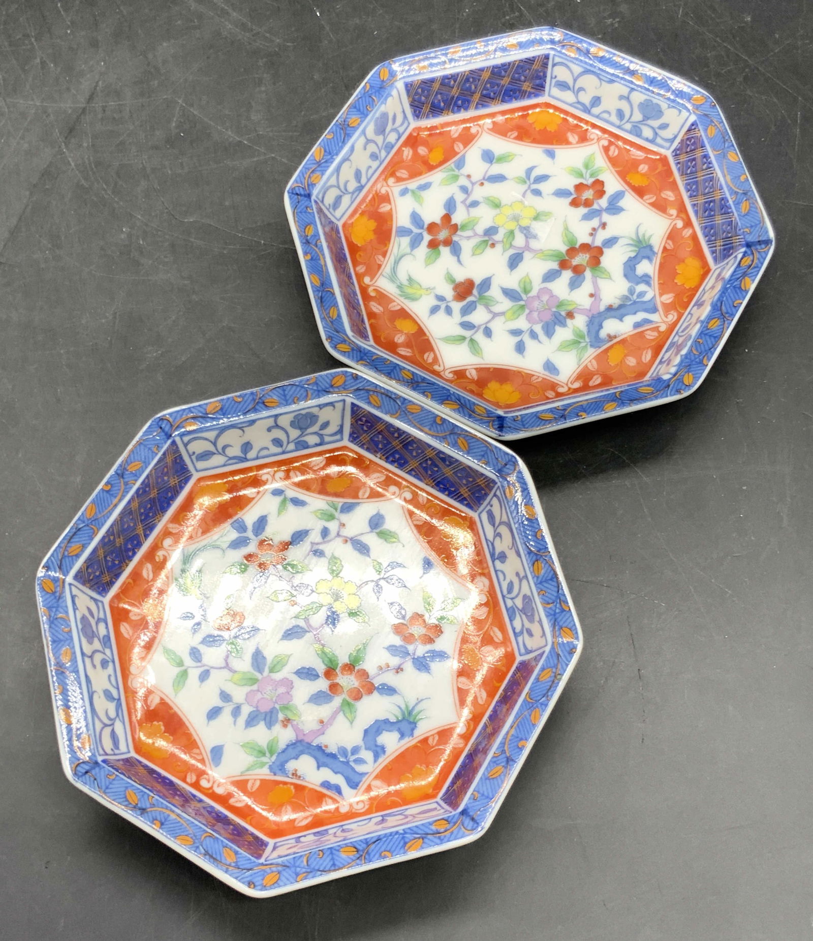 Pair Signed Asian Ceramic Floral Trinket Dishes (1 of 9)