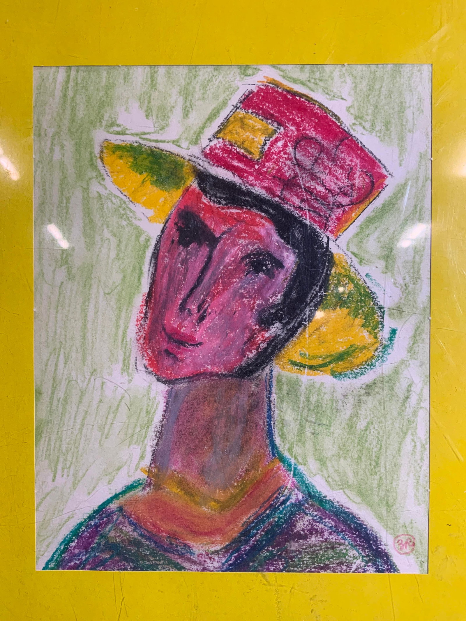 Signed Oil Pastel Womans Bust Portrait: Oil pastel on paper. Subject depicts a woman wearing a hat bust. Signed in lower right corner. Signature illegible. Encased in acrylic glaze. Work measures approx. 11.25 W x 14.25 H in. Portrait measu