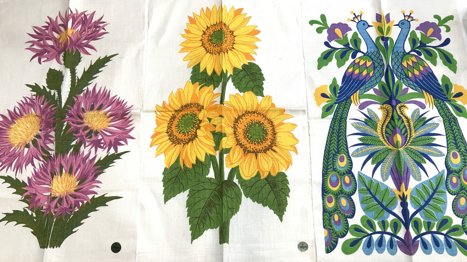 3 Textilimnex Linen Textiles Poland Florals & More: Group 3 vintage Polish linen textiles.2 prints are flowers, 1 print has peacocks. Vibrantly colored, Mid Century. These are new in the sense that they have never been used. Original label is attached