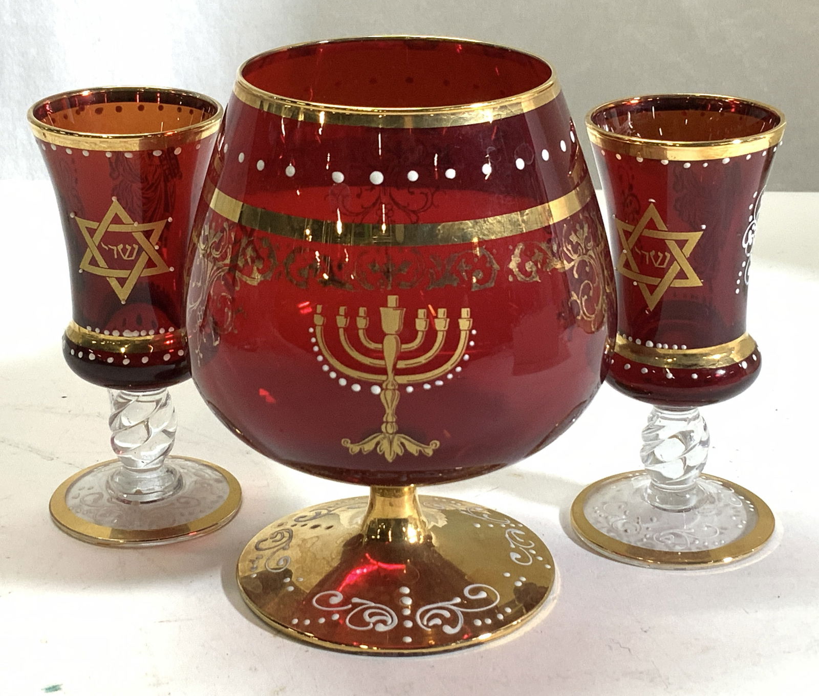 Bohemian Red Crystal Snifter & Cordials w Gilt (1 of 6)