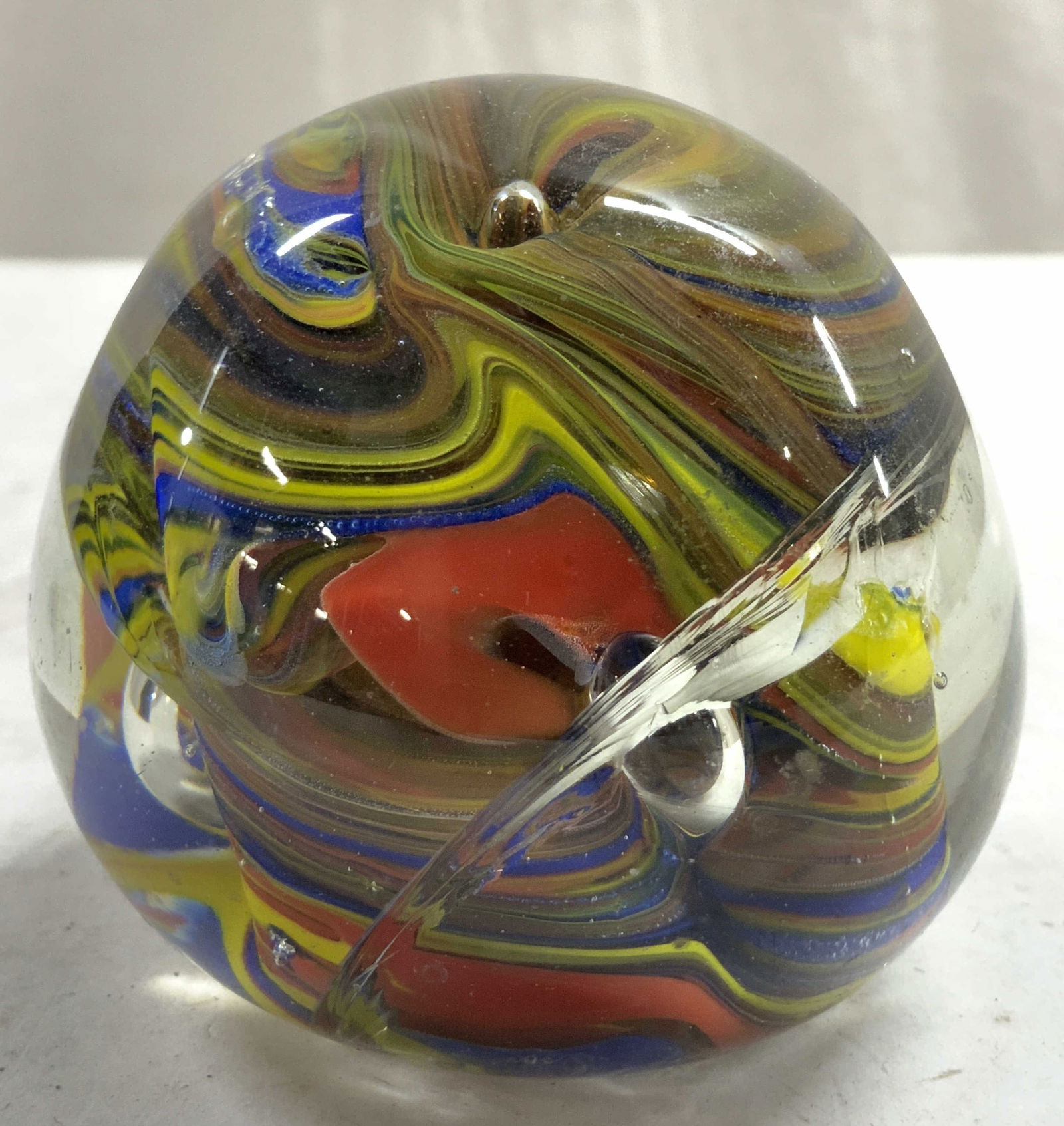 MURANO Glass Swirl Art Glass Paperweight: Paperweight appears to be MURANO glass (no apparent markings). Paperweight is glass. Piece has multi toned swirl detail. Paperweight measures approximately 2.25 inches tall 2.5 inches wide. Paperweigh