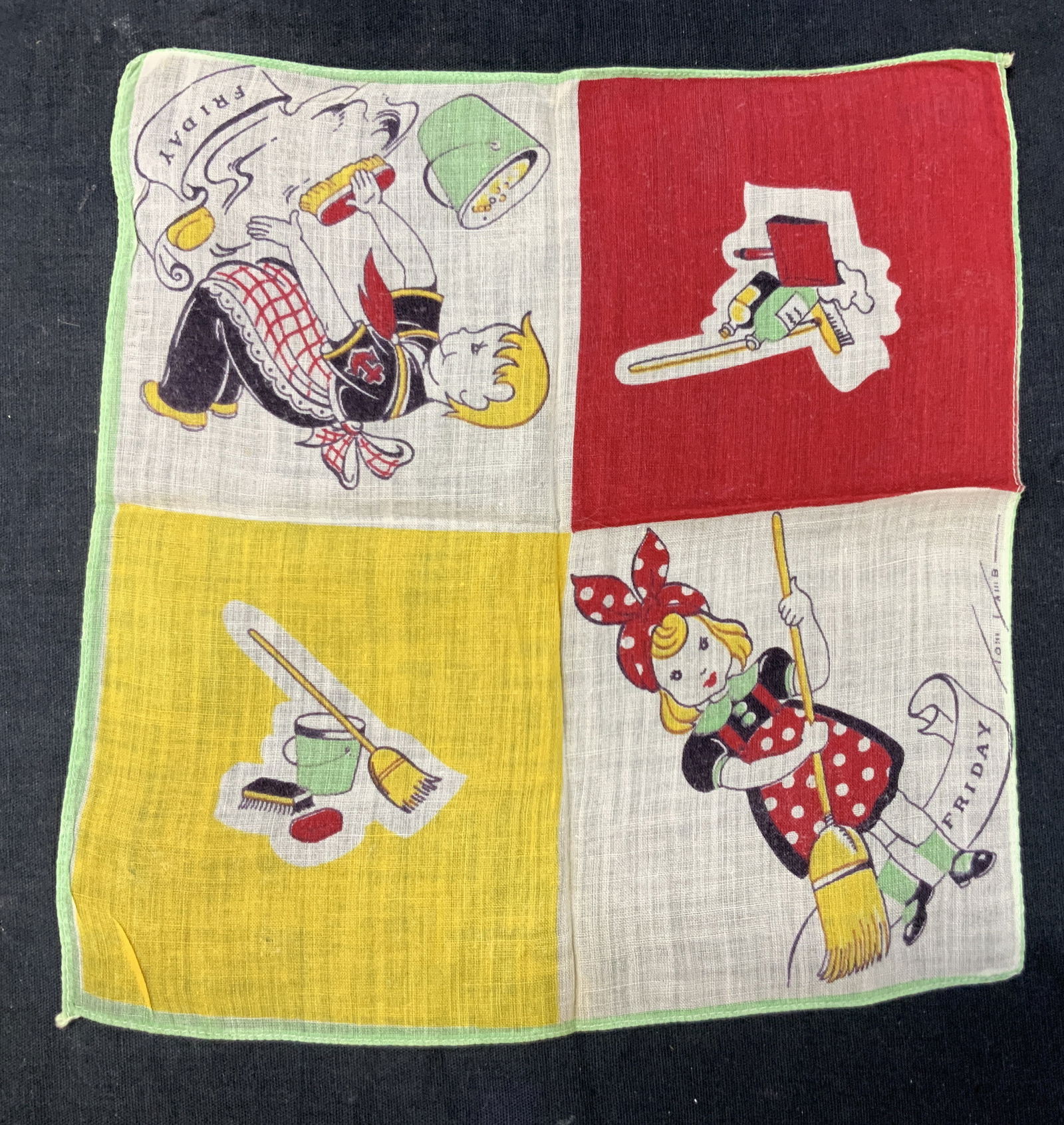 Vintage Friday Linen Handkerchief: Vintage linen handkerchief with figures of a girl and boy cleaning with the text Friday on corners. Linen is adorn with tones of yellow and red. Approx 8 x 8 inches. Minor wearing to linens due to age