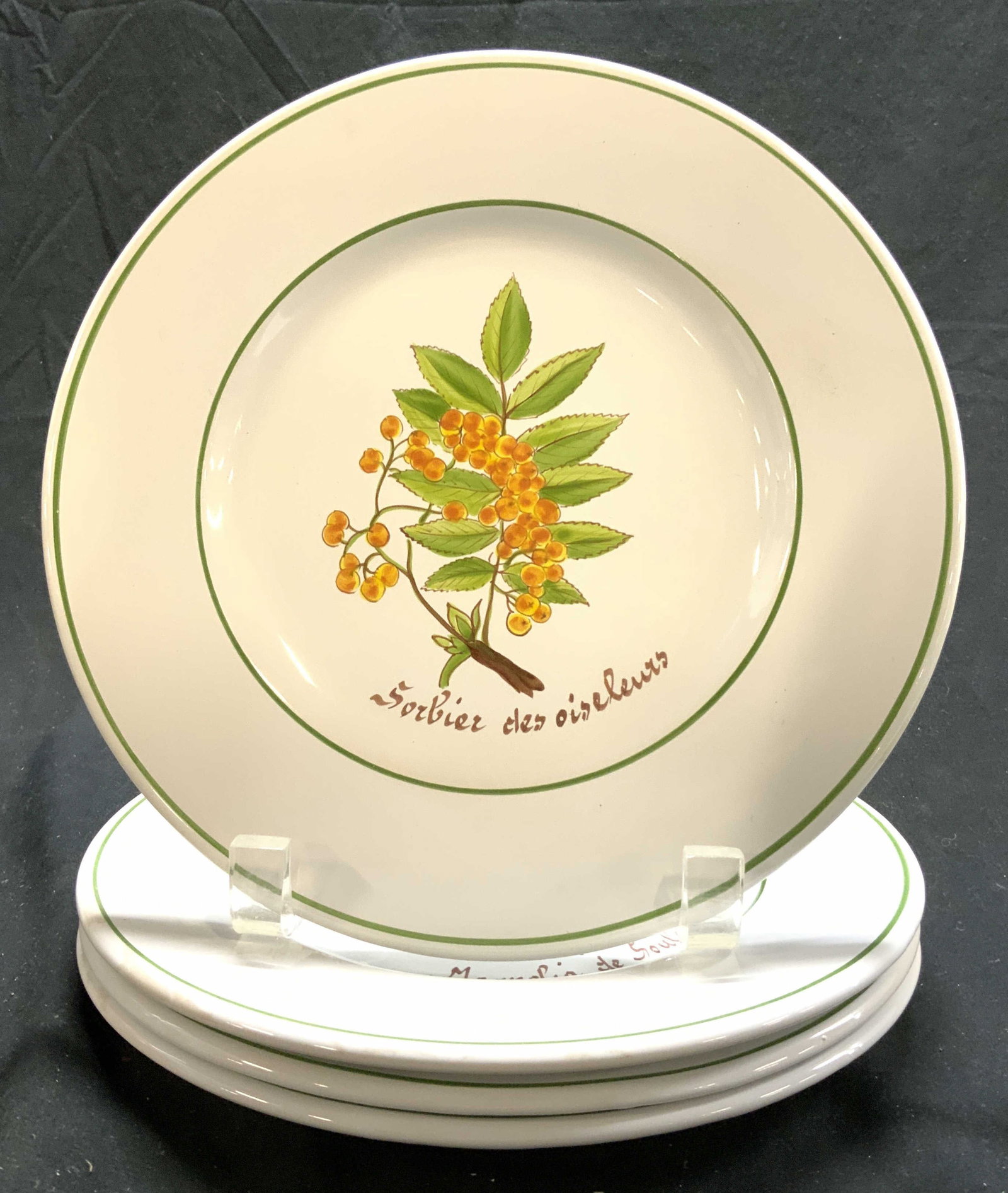 Set 4 Floral Porcelain Plates: Lot includes 4 plates. Each are white toned and porcelain. Each plate has green toned accents and multi toned floral and leaf detail. Plates each measure approximately 9 inches diameter. Plates, porce