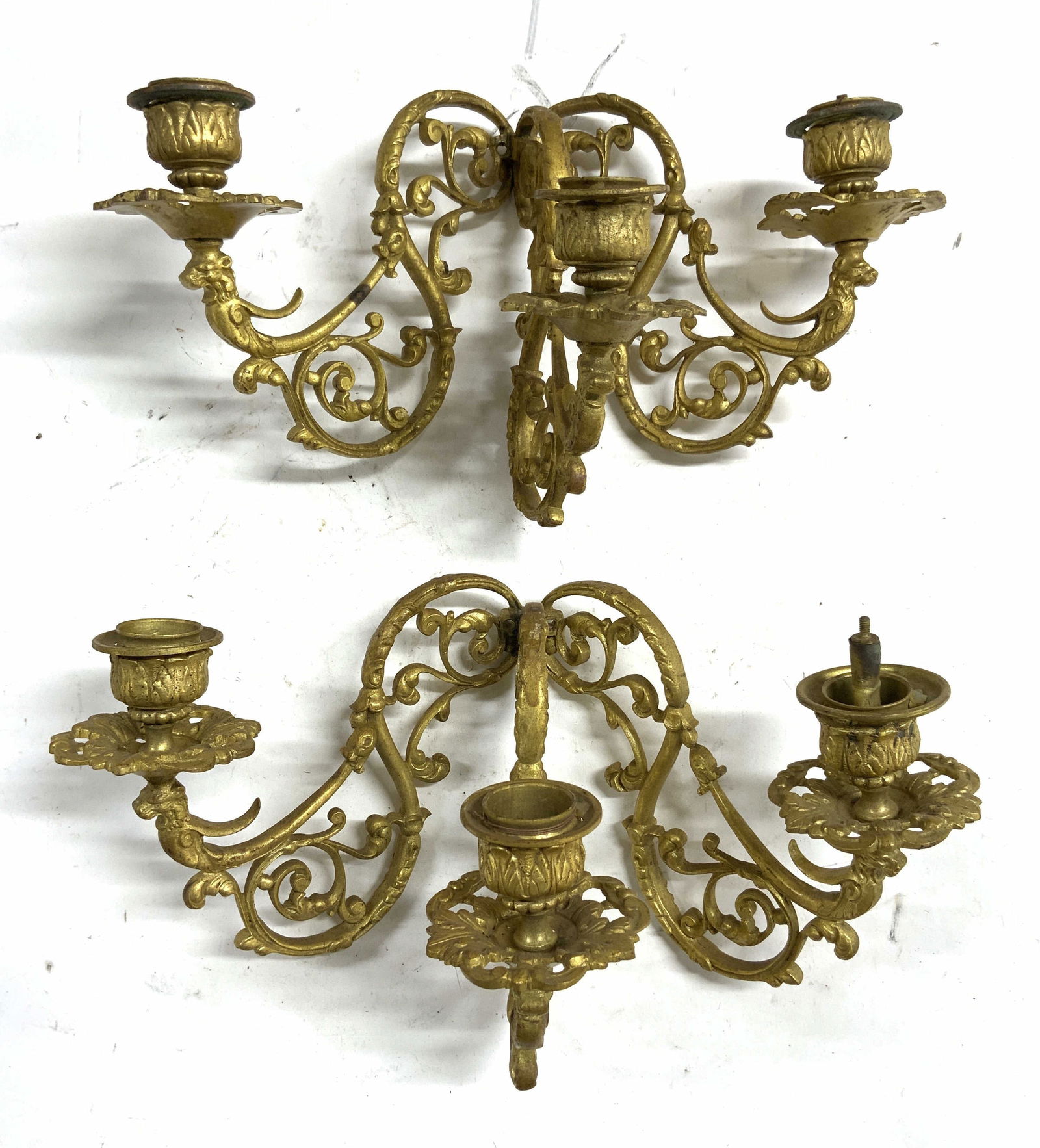 Vntg Pr Art Nouveau 3 Arm Brass Wall Sconces (1 of 6)