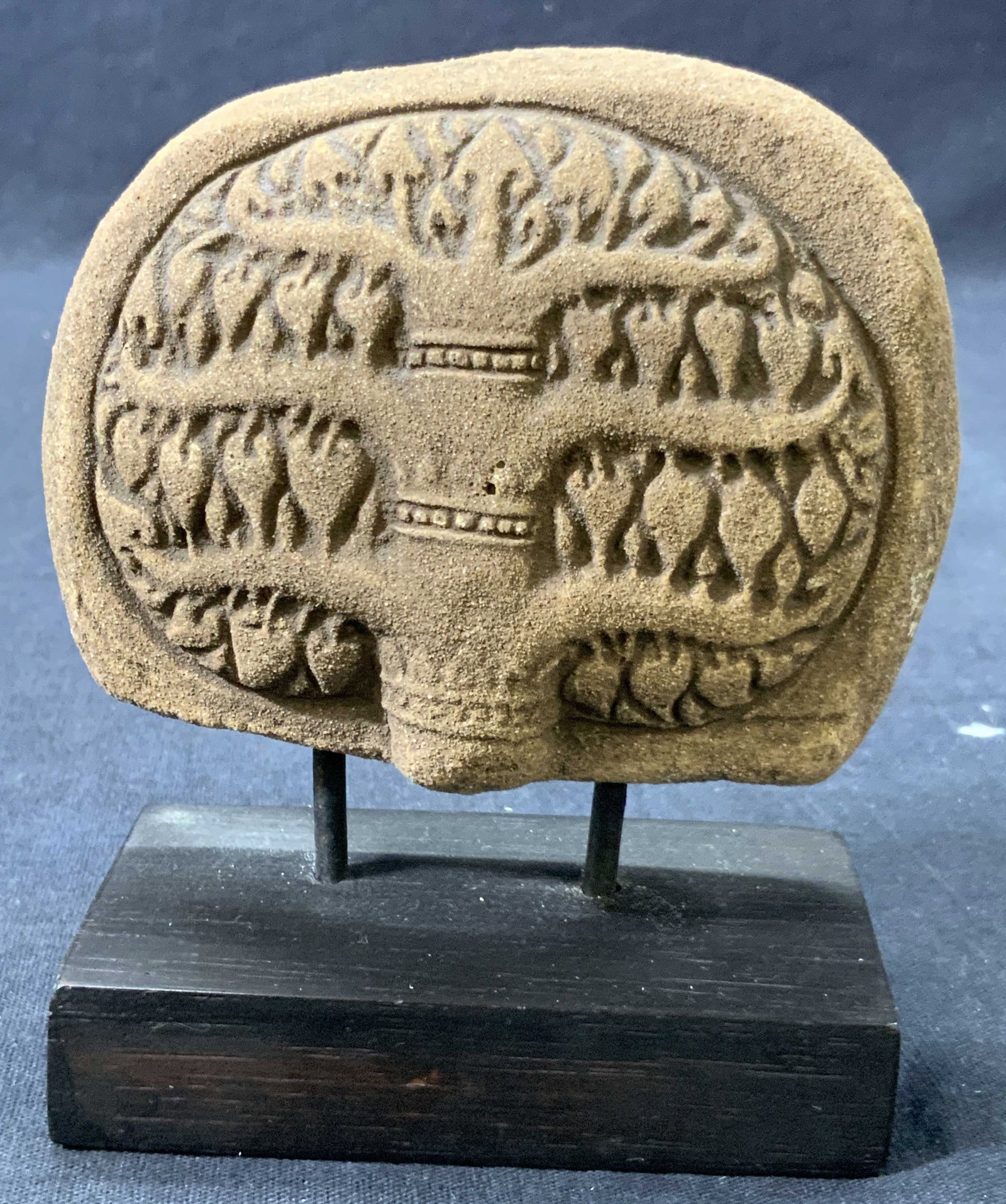 Carved Stone Buddhist Bodhi Tree Panel: Carved stone. Panel depicts the bodhi tree, the tree of enlightenment. Stone panel on platform measures approx. 4 W x 5 H in. Stone panel measures approx. 4 W x 3.5 H in. Minor wear to stone. Stone st