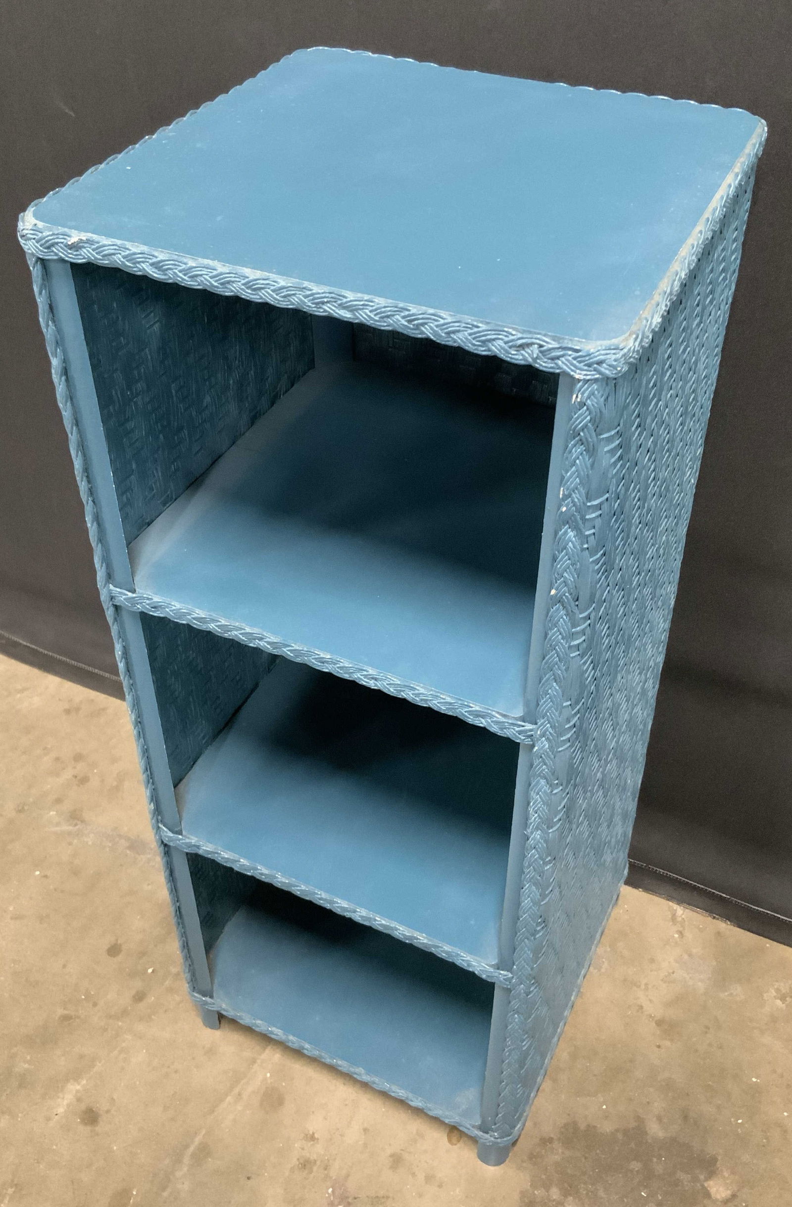 Vintage Blue Woven Wicker Floor Shelf (1 of 7)