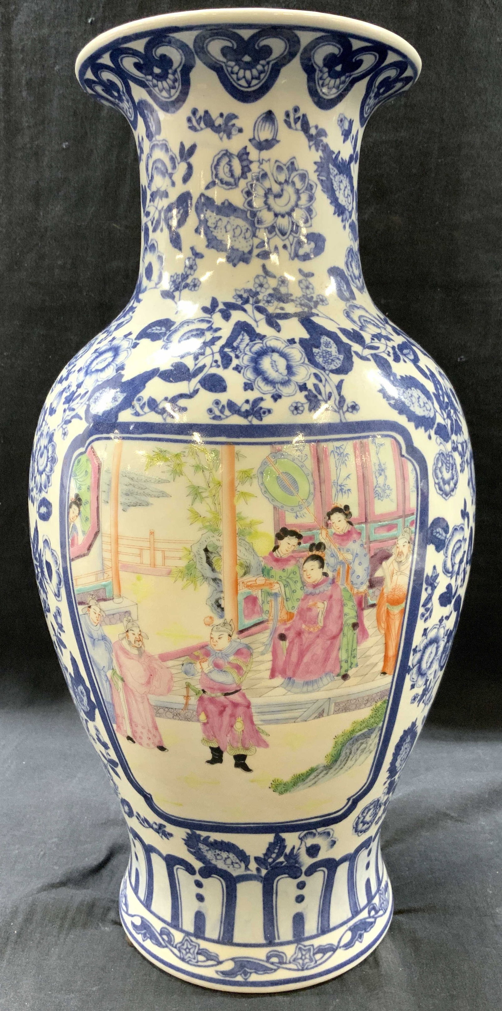 Signed Vntg Hand Painted Porcelain Chinoiserie Vase: Vase is signed with Asian characters on underside. Piece is white with blue toned floral and leaf detail. Each side has hand painted elements depicting multiple figures. Vase is porcelain. Piece measu