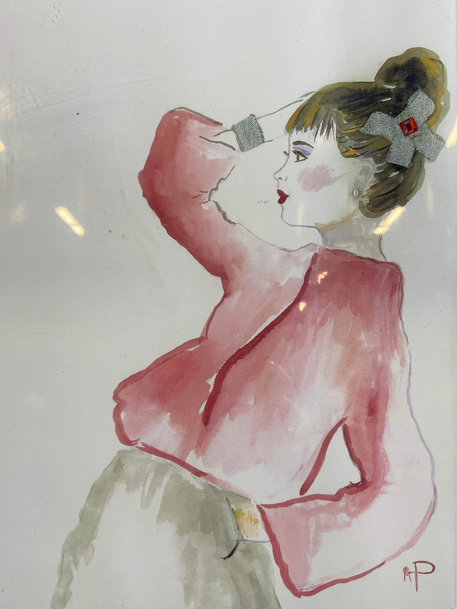 Fashion Model Girl Watercolor Print: Print on paper. Subject depicts a woman posing in a pink sweater. Signed in print. Encased in acrylic covering. Print measures approx. 8.5 W x 11 H in. Not viewed outside of case. Scratching to acryli