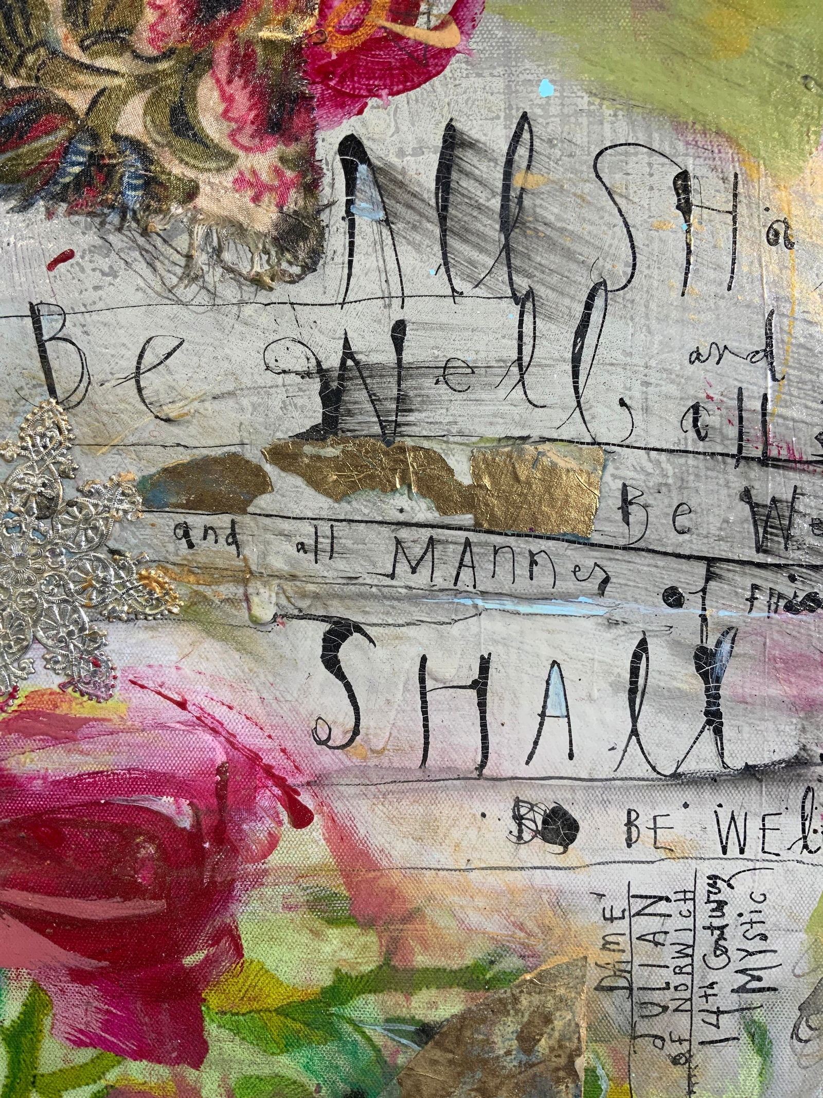 Mixed Media Gilt & Fabric Collage on Canvas: Mixed media collage on canvas. Subject depicts an abstract collage of fabric, gilt, paint, calligraphy, and print. Canvas measures approx. 14 W x 14 H in. Not viewed off of internal frame. Canvas insc