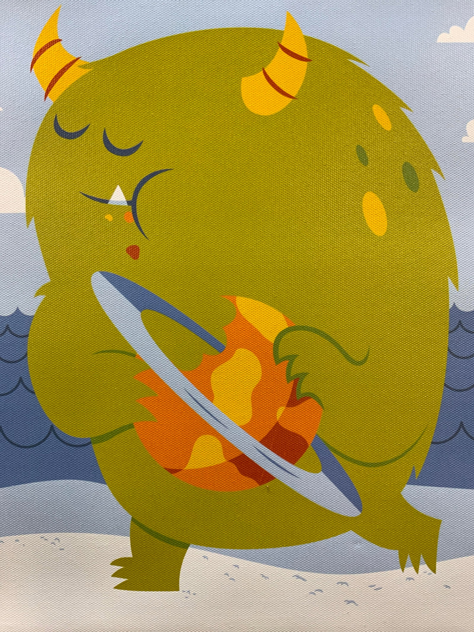 Oopsy Daisy Too Planet Eating Monster Kids Art: Wrapped giclee print. Subject depicts a monster walking on the beach eating a planet. Art comes from the company Oopsy Daisy Too. Canvas measures approx. 12 W x 12 H in. Copyright on side reads C. Gre