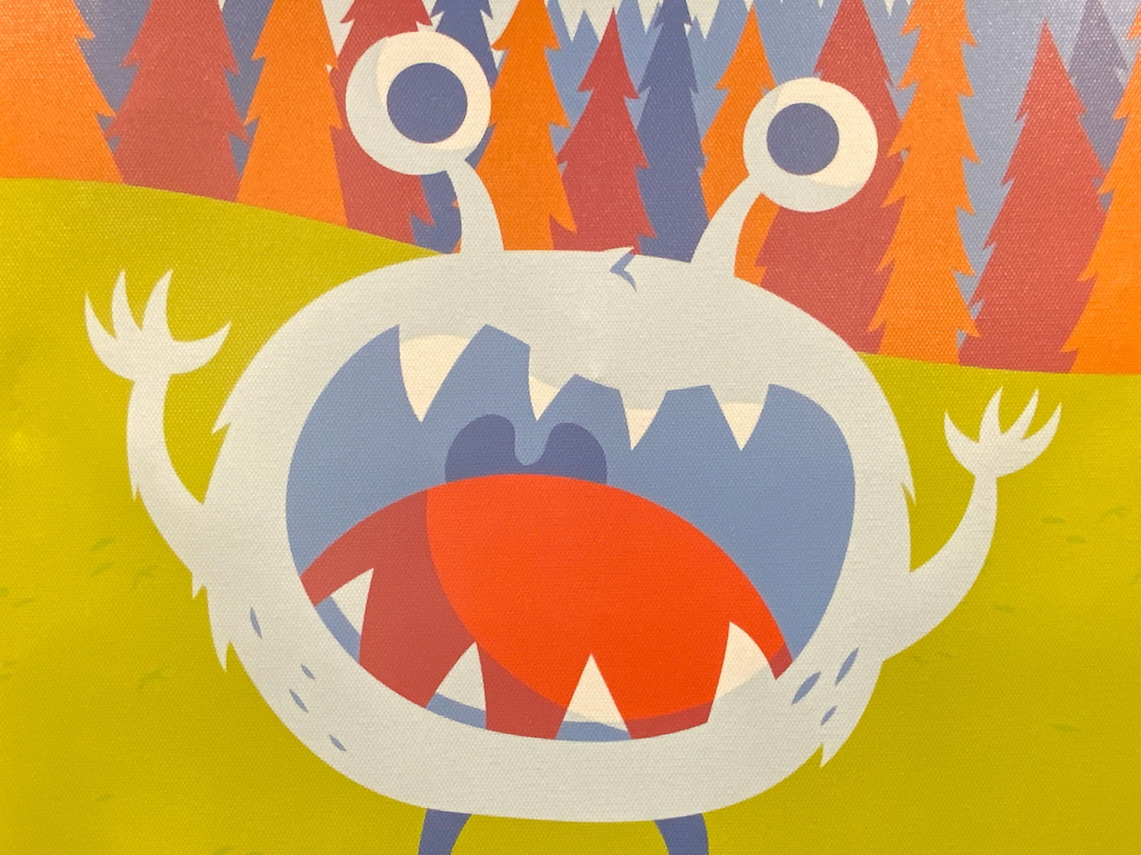 Oopsy Daisy Too Surprise Monster Kids Art Canvas: Wrapped giclee print. Subject depicts a monster with a surprised face. From the company Oopsy Daisy too. Canvas measures approx. 12 W x 12 H in. Copyright on side reads C. Greg Abbott. Description on 