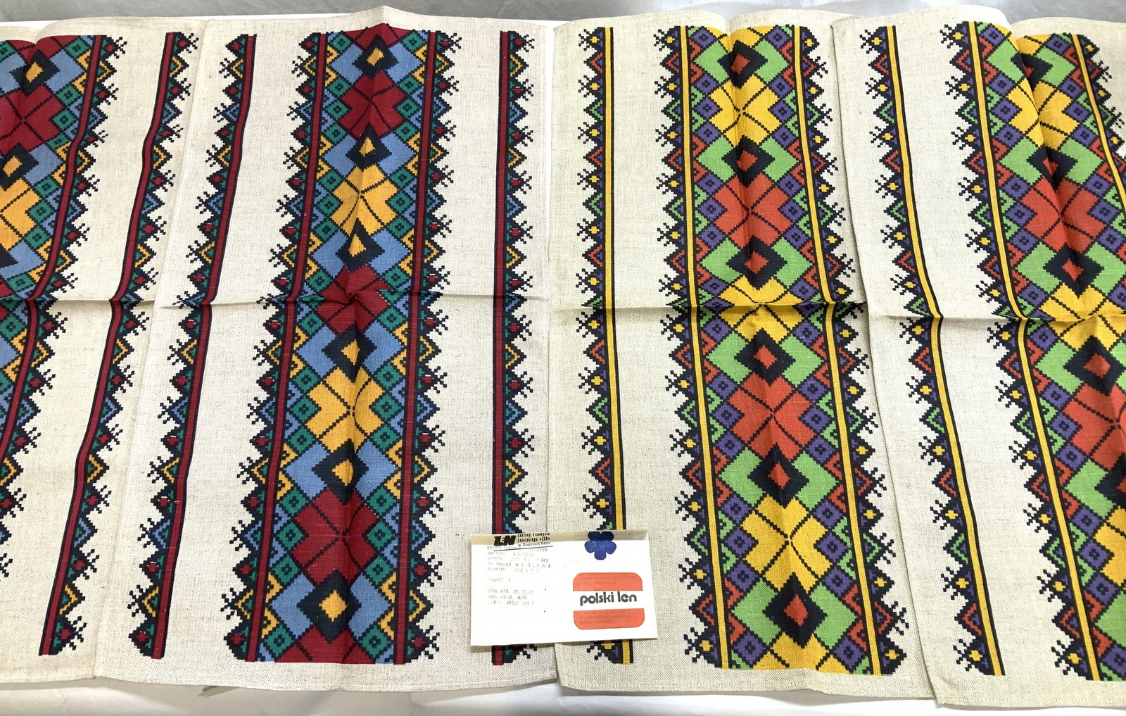 Set4 Vintage Polski Len Table Runners new Poland: Vintage Group 4 of Polish cotton linen table runners/ furniture covers. Dated 1979, these have never been used. Original label is attached to two of the textiles. Manufacturer is Polski Len. Each item