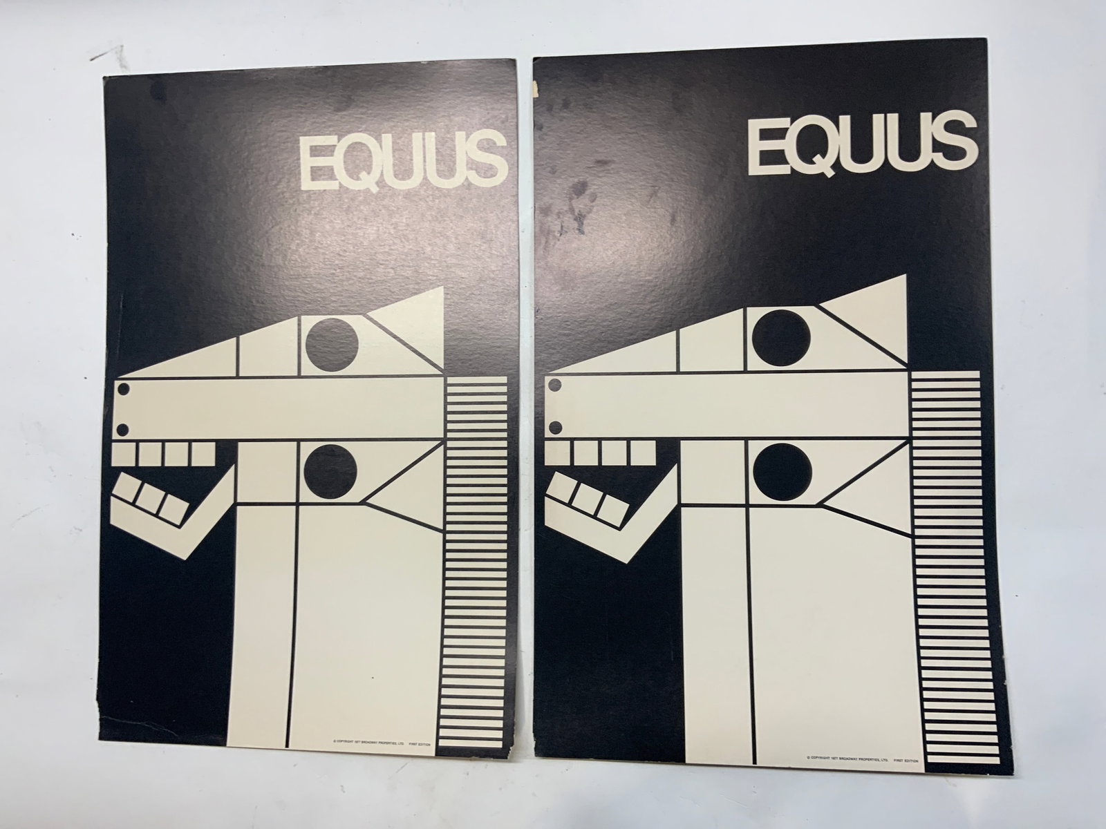 Lot 2 Vntg 1977 Gilbert Lesser EQUUS Screen Prints: 2 Screen prints. Art by Gilbert Lesser. Subject depicts a contemporary design of a horse in white. Art for the Broadway play EQUUS. Copyright on bottom right reads 1977 Broadway Properties, LTD. First