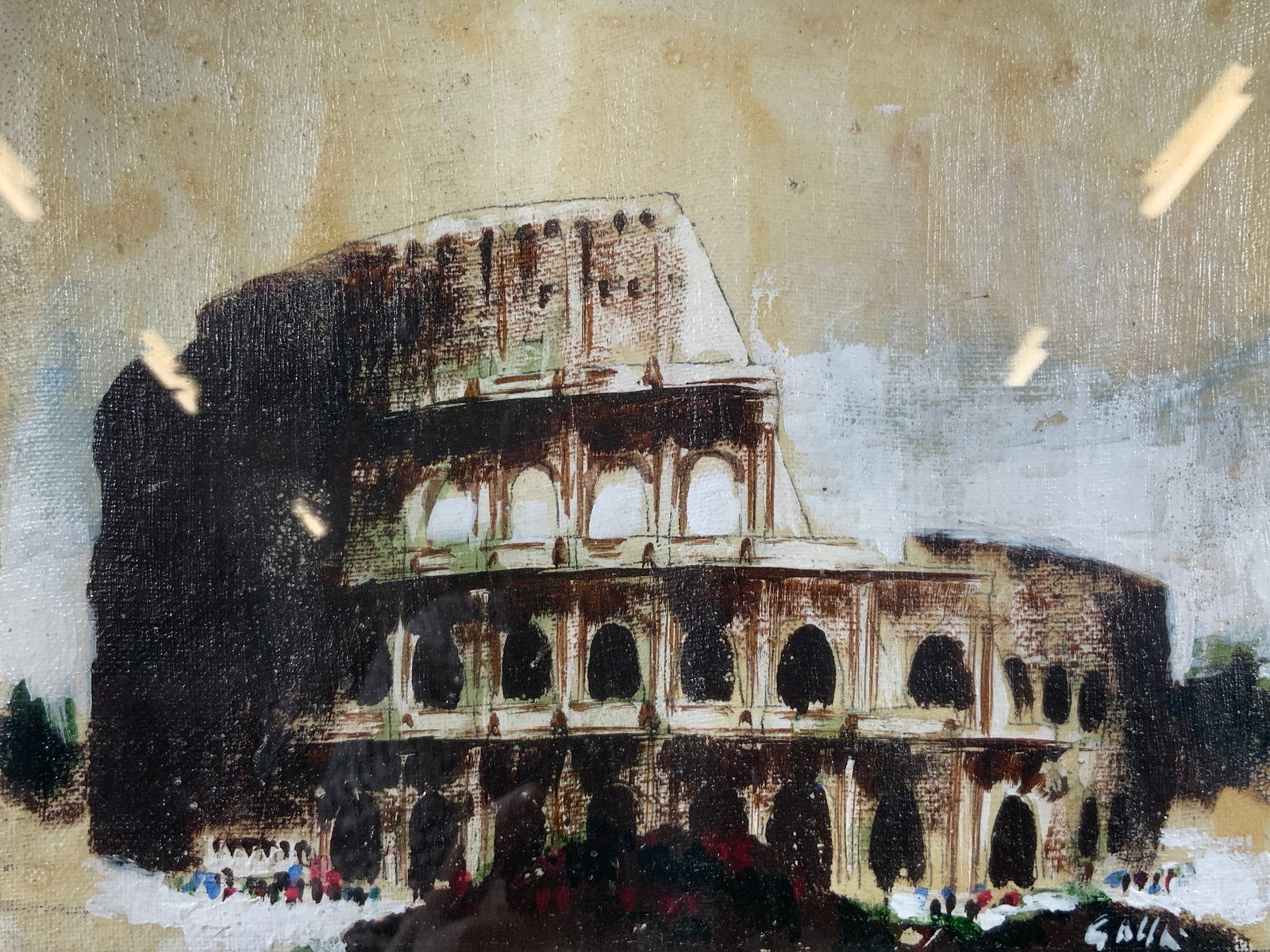 Framed & Signed Roman Colosseum Oil Painting: Oil paint on canvas. Signed in lower right corner. Signature illegible. Subject depicts the Roman Colosseum. Framed in wooden frame with gilt accent on inner window. Frame measures approx 14 W x 11 H 