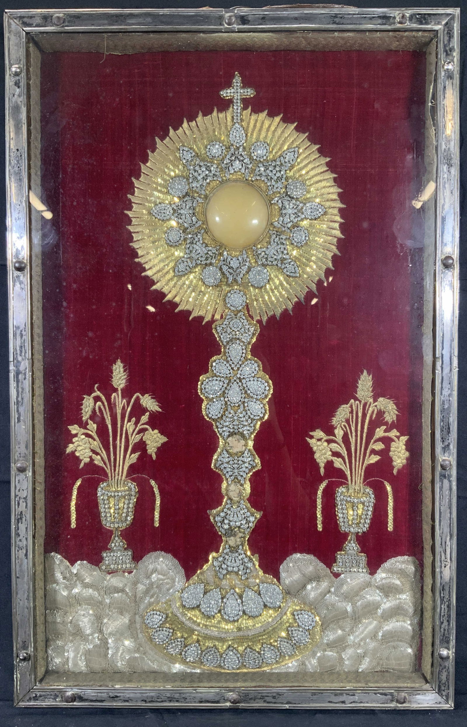 Framed Bejeweled Fabric Embroidery Monstrance (1 of 11)