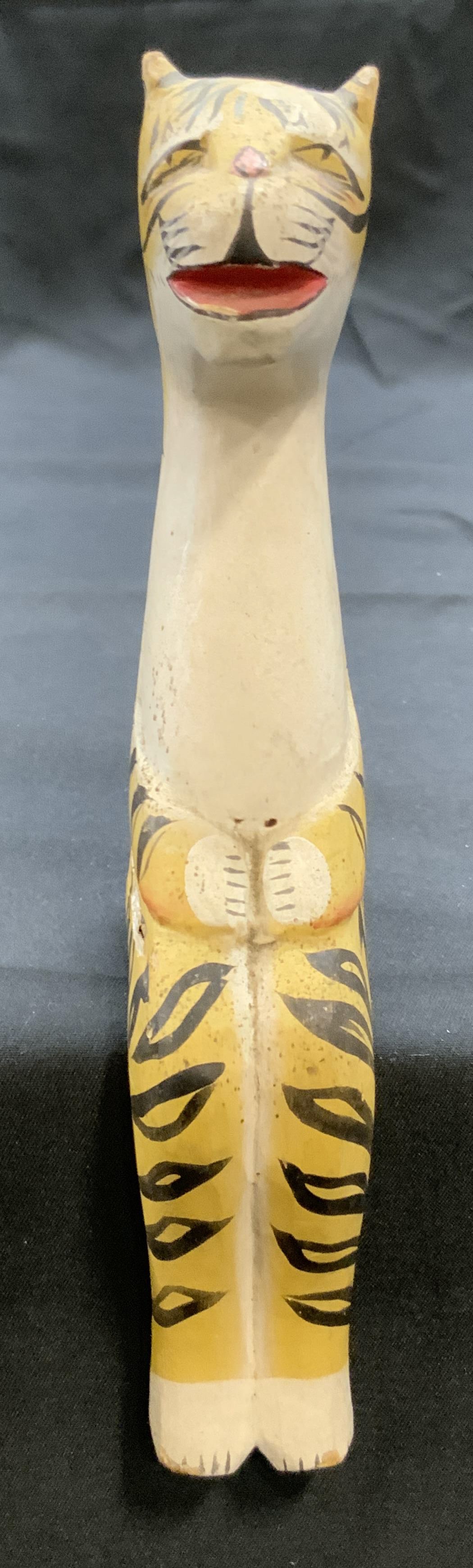 Vintage Hand Painted Wooden Tiger Figural: Vintage hand painted sitter tiger figural. Material appears to be wood pulp composite. Surface wear including scratching and loss to paint observed. Measures approx. 7.5 inches long. tiger, tiger figu