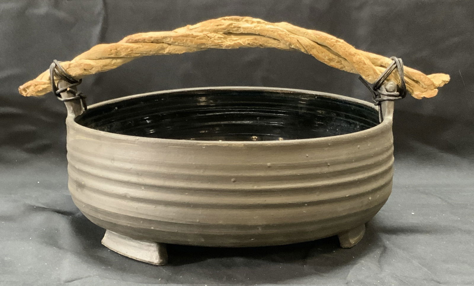 Signed Gray Ceramic Bowl with Handle (1 of 6)