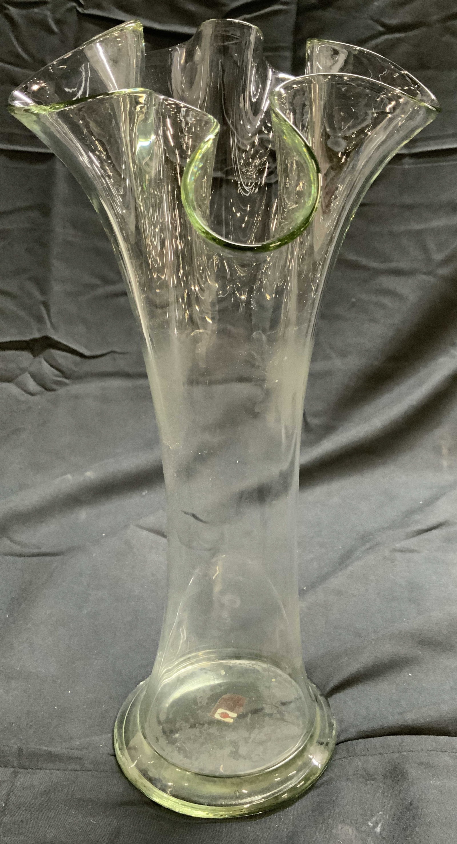 LA MEDITERRANEA Handkerchief Glass Vase SPAIN: Tag on underside reads LA MEDITERRANEA MADE IN SPAIN. Vase is glass. Piece has handkerchief style rim. Vessel measures approximately 12 inches tall 5.5 inches wide. Vase, glass vase, art glass, art gl
