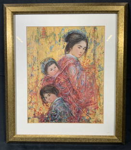 Edna Hibel Family in Nara Framed Art Reproduction: Lithograph on paper. COA and bio of Artist on verso. Signed in print. Litho print of an oil painting on gilt. Subject depicts a mother with two young kids, one tied to her back. Framed in gilt wooden
