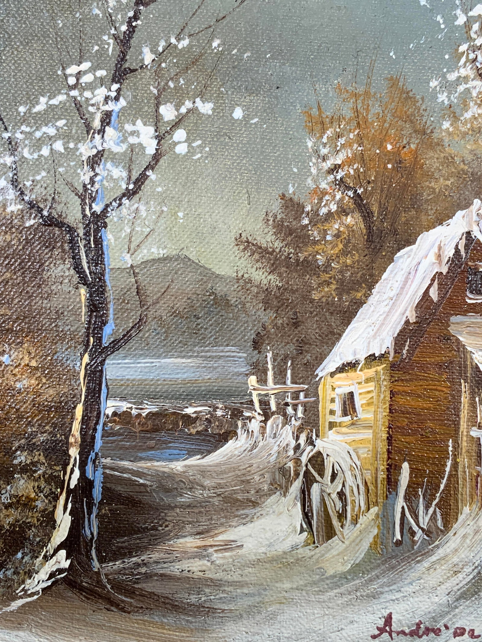 Framed & Signed Winter Cottage Acrylic Painting: Acrylic paint on canvas board. Signed in lower right corner. Signature illegible. Subject depicts a winter cottage in nature. Framed in wooden frame. Frame measures approx. 12 W x 14 H in. Window meas