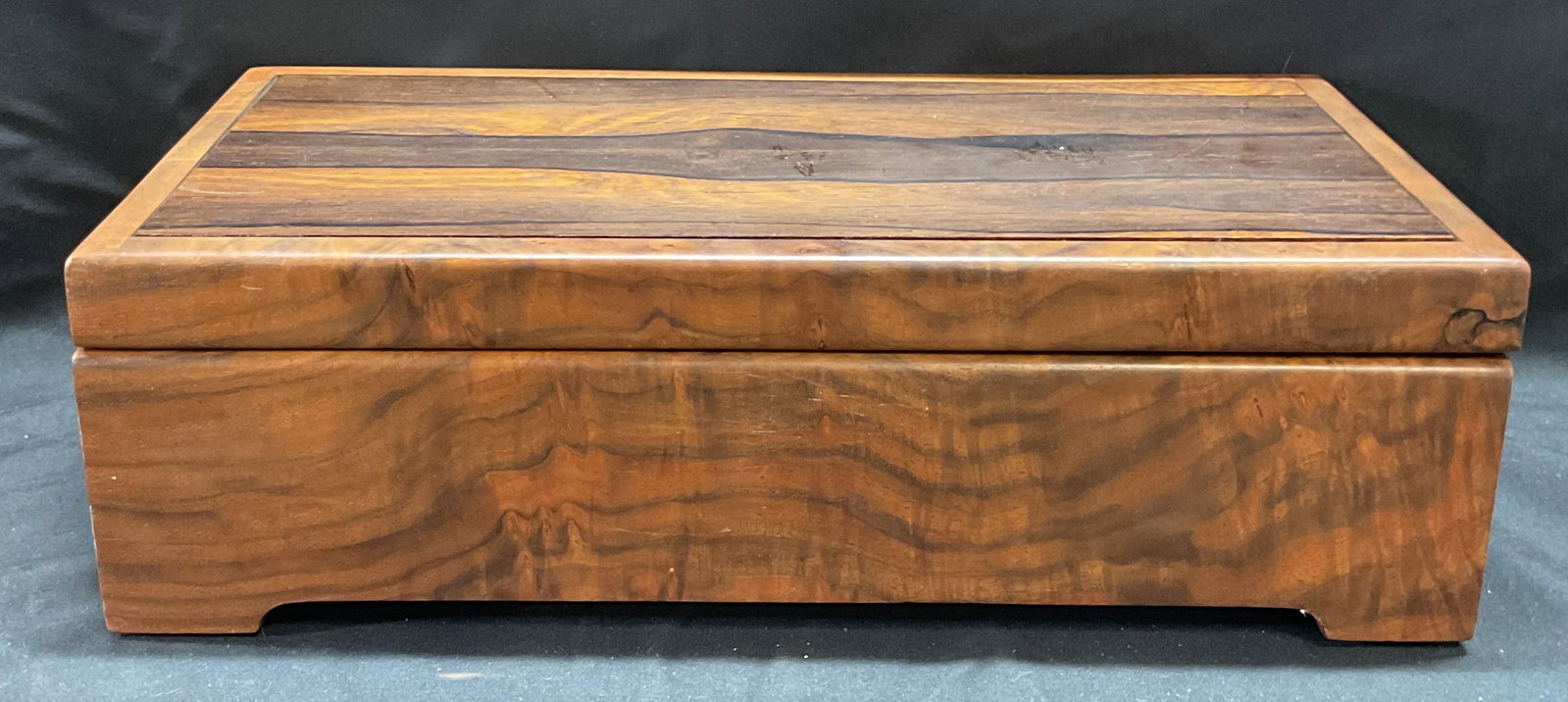 DK Wood Valet Jewelry Box: DK wooden valet or jewelry box with fitted compartments on removable tray. Measures approx. 14 x 7 x 4 inches. Some surface wear and blemishes observed. Jewelry box, valet box, wood jewelry box, wood 
