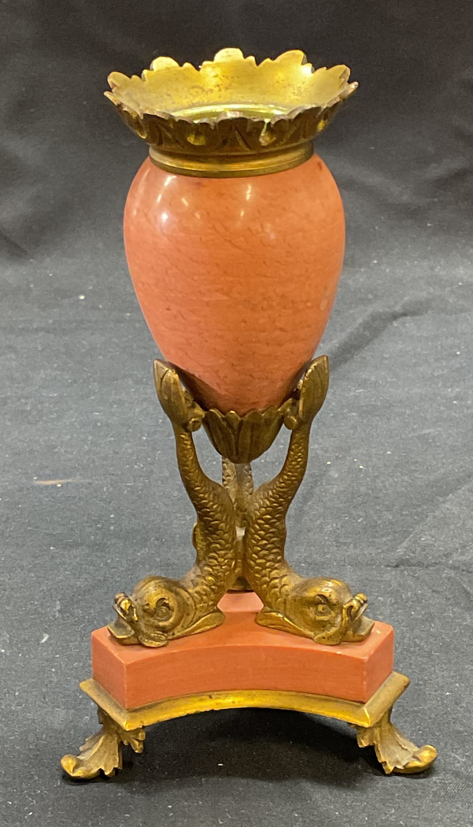 Vtg Dubois Delahaye Bronze & Stone Candlestick: Vintage Dubois Delahaye bronze and pink stone candlestick with fish motif. Signed on sticker. Piece has weight. Measures approx. 3 x 5.75 inches. Some surface wear including scratching observed. Duboi