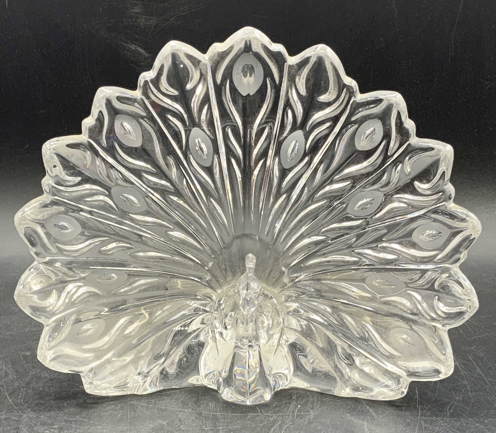 LENOX FINE CRYSTAL Peacock Figural, Germany: A clear and frosted crystal peacock figural. Sticker to underside reads LENOX FINE CRYSTAL MADE IN GERMANY. Underside also features an acid etched LENOX signature. Measures approx. 7H x 8.5W in. Thick