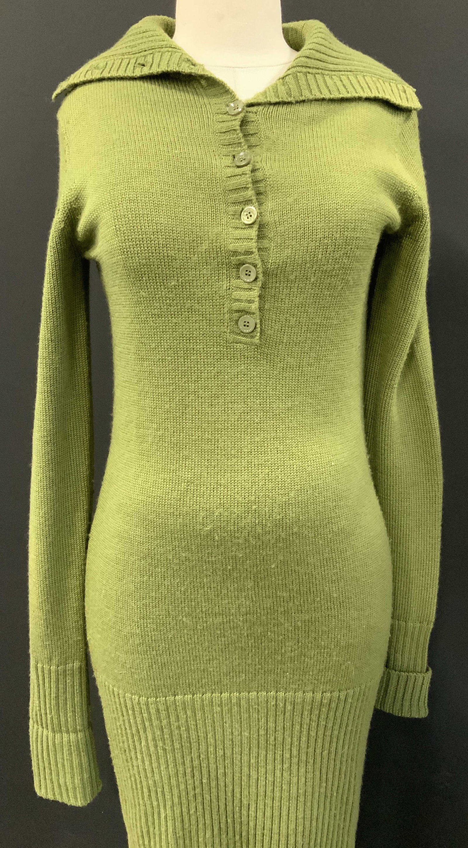BCBG MAXAZRIA Lambswool Sweater Dress: avocado green Lambswool sweater dress by BCBG MAXAZRIA. Size small . Partial button down along front. Some pilling ( which can be shaved) . High collar. Dress length is 35.5 in. Long Ladies wearables,
