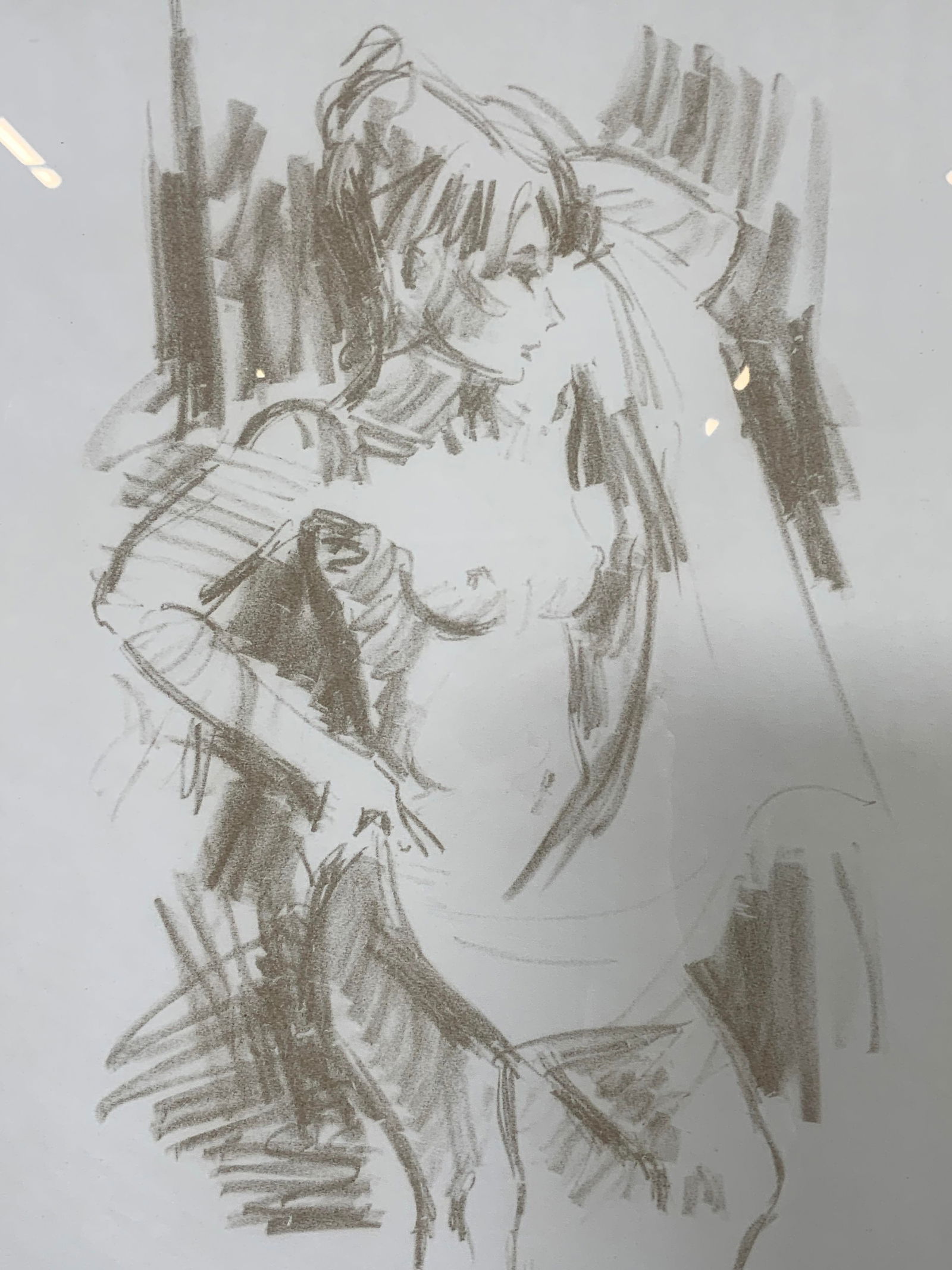 Jan De Ruth Dressing Room Nude Framed Lithograph: Lithograph on paper. Titled Dressing Room. Signed in lower right corner. Limited edition number 136/200. Subject depicts a nude woman posing with a cloth. Framed in gikt wooden frame with carved relie