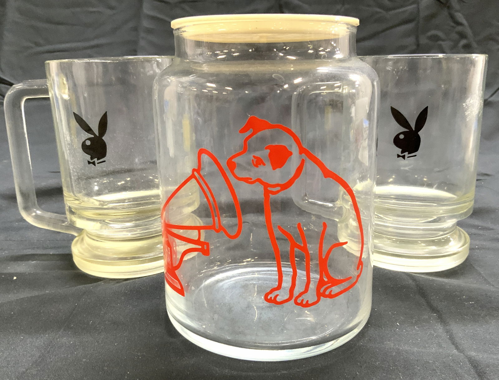 Lot 3 Glass Playboy Mugs & RCA Victor Dog Jar (1 of 6)
