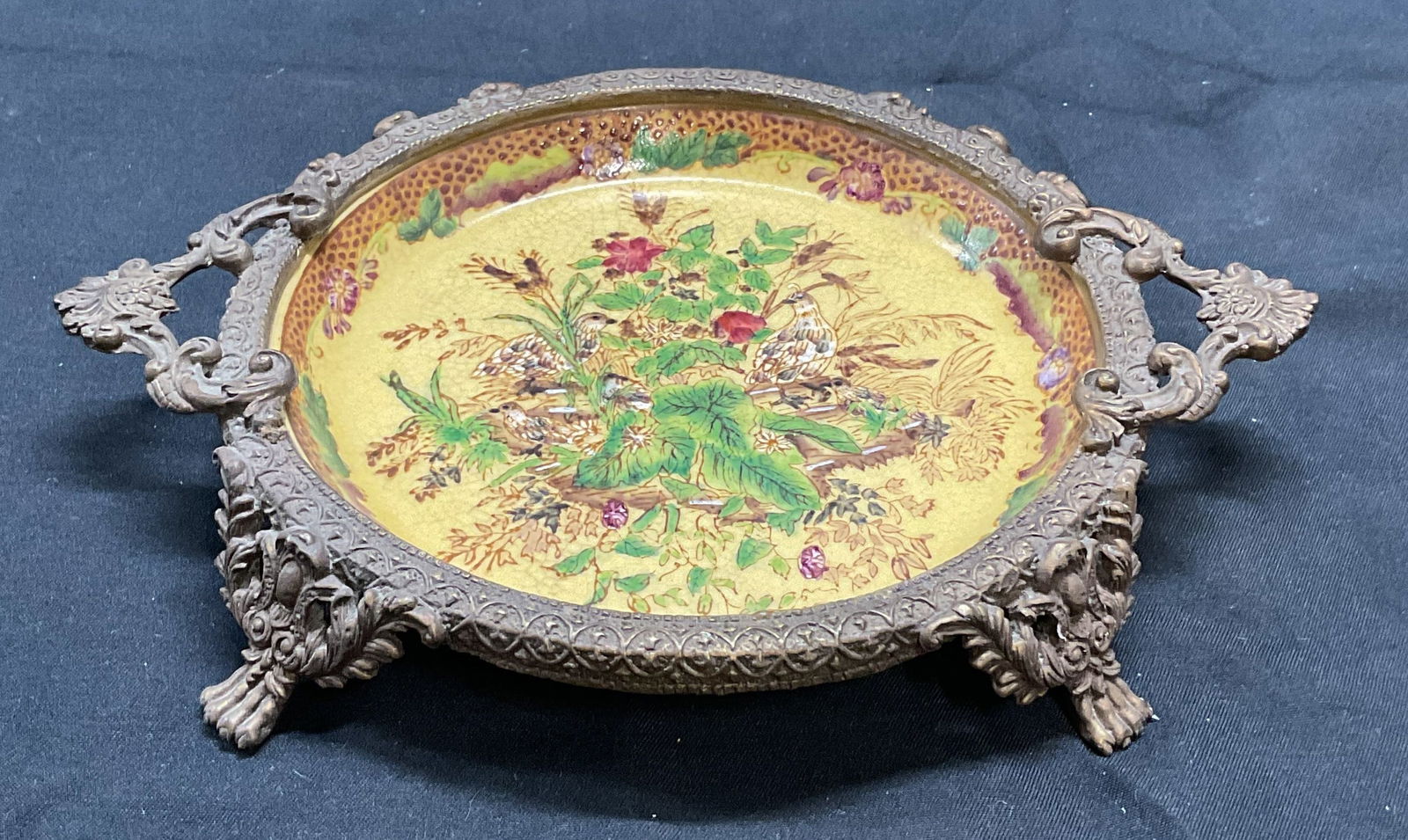 Asian Hand Painted Porcelain & Brass Dish (1 of 6)