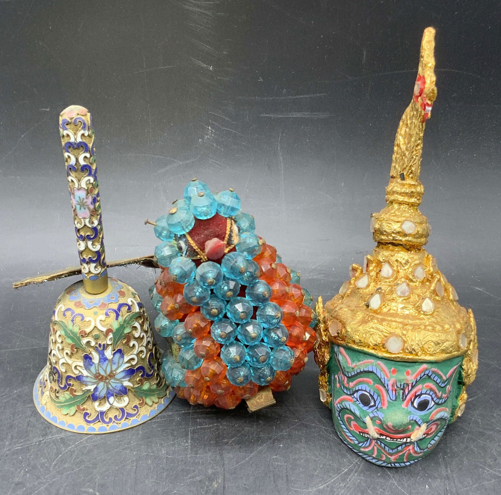 3 Vntg Cloisonne Bell, Bird Figural, & Deity Head (1 of 9)