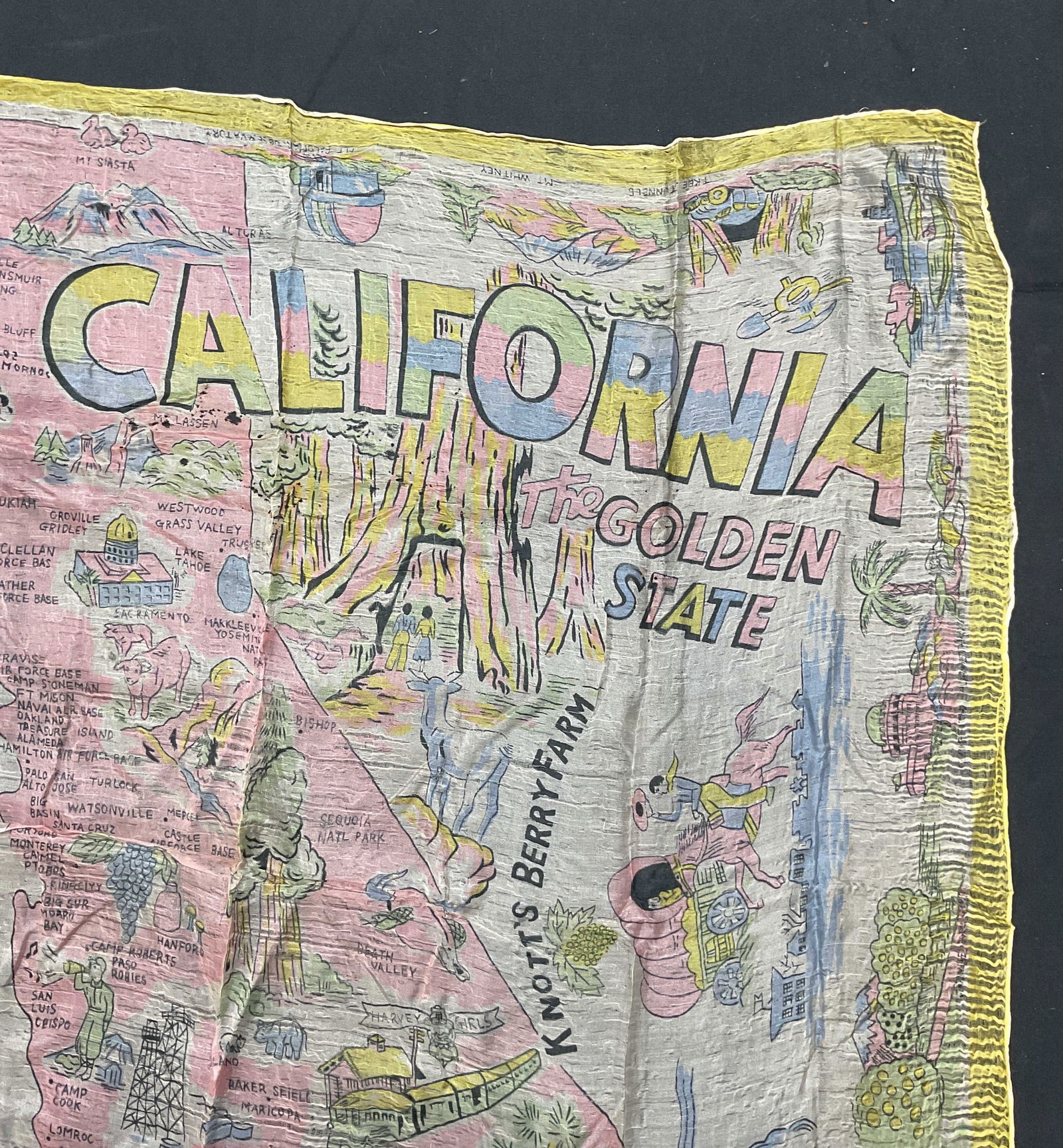 Vintage California State Map Travel Scarf: Vintage California state map travel motif scarf. Material feels like silk. Measures approx. 29 x 30 inches. Wear to material including pulls and holes throughout. Ladies scarf, ladies accessories, lad