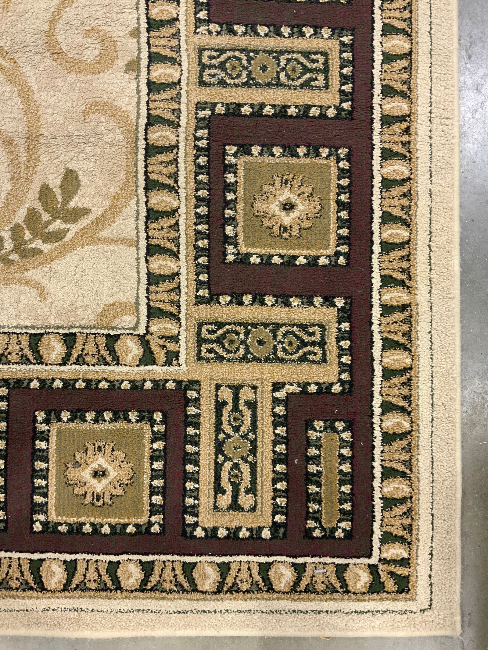 FAIRFAX LINEN MAGIC Rm Sz Wool Area Rug: Tag on underside reads FAIRFAX LINEN MAGIC. Rug is wool. Rug is room sized. Piece has brown, tan & beige toned leaf vine and geometric detail. Rug measures approximately 133 inches long 94 inches wide