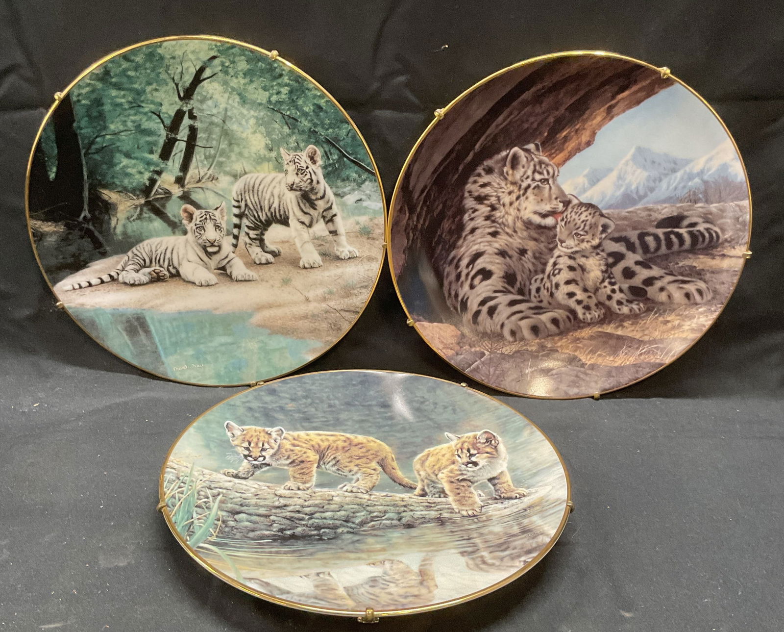 Lot 3 W. S. George China Tiger Art Plates: Lot of 3 W. S. George fine china art plates with tiger, snow leopard, and bob cat motifs. Natures Playmates, Last of Their Kind Endangered Species, and Wild Innocents series. All pieces signed to unde