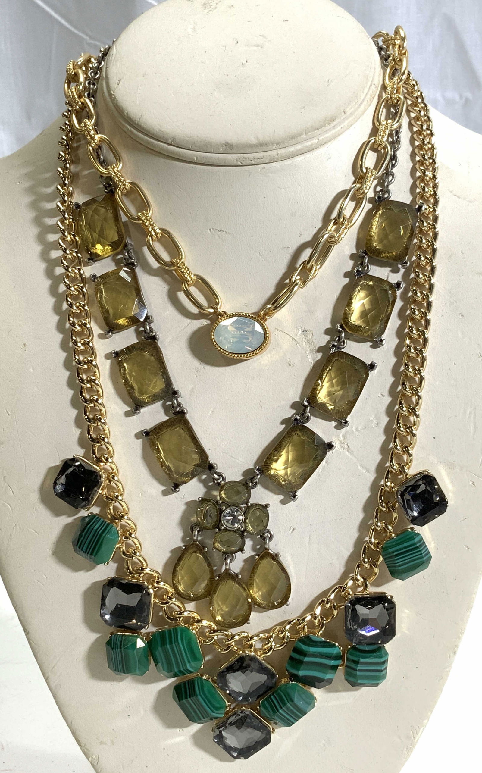 Lot 3 Cocktail Costume Necklaces, INC, Jess Elliot: 3 cocktail necklace. 2 are new without tag. All adjustable length., Signed INC. faux malachite and grey crystal bib necklace in gold tone. 7 in. drop or shorter. Bib feature measures 5.5 x 1.5 in. Sig