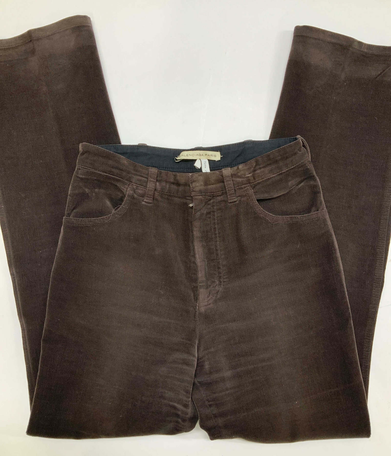 Balenciaga Paris Brown Velour Pants, Italy: Size 36 long velour pants. 38.5 in. L, inseam 29 in. Original Balenciaga Label sewn to garment. Mild velour wear on back, near buttock. Made in Italy. Velour pants, Balenciaga Paris Brown velour pants