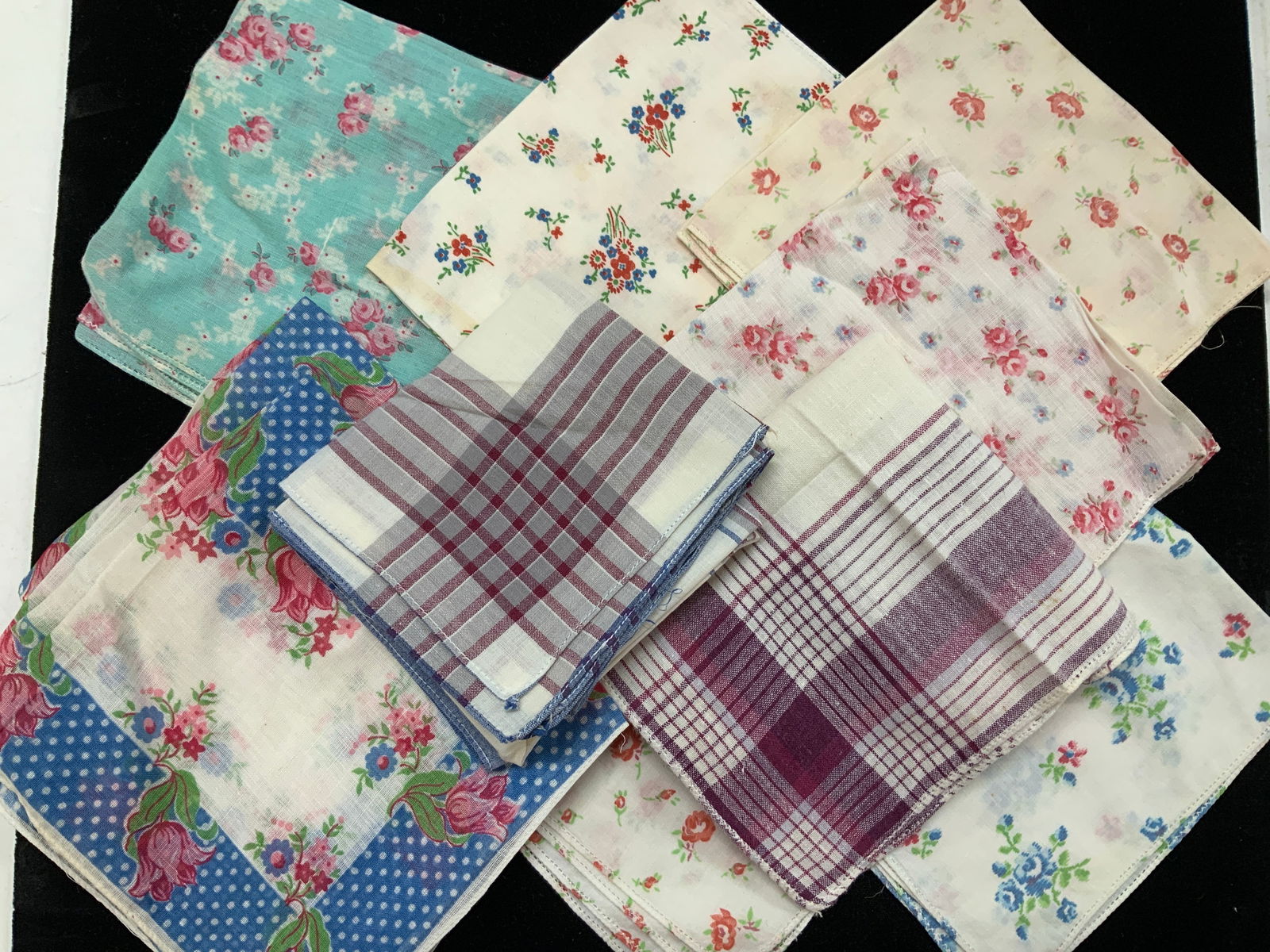 Vintage Cotton Linen Hankies, 12: Vintage floral and striped hankies, linen and cotton . Many have some wear- mild discoloration. A hole noted on the larger hanky, measures 16.5 x 15.5 in. Overall, in good condition. Vintage hankies,