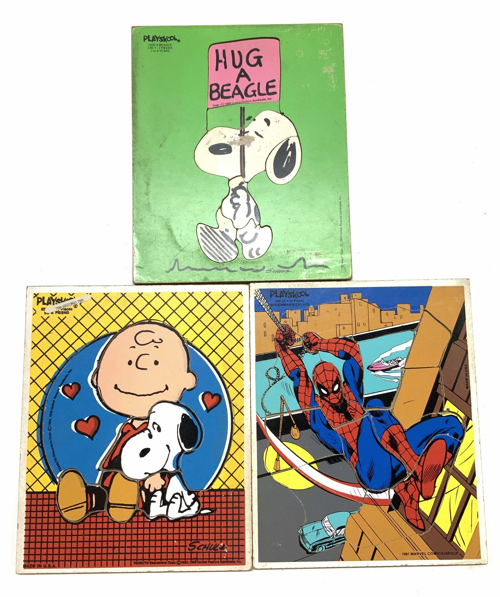 Retro Playskool Wood Puzzles, 3 USA 1958-81: The Peanuts and Spider- Man Vintage Playskool Wood- composite puzzles. C. 1981, 1965, and 1958. Puzzle boards measure approx 9.5 x 11.5 in. All pieces are there. Has some vintage wear. Puzzles, childr
