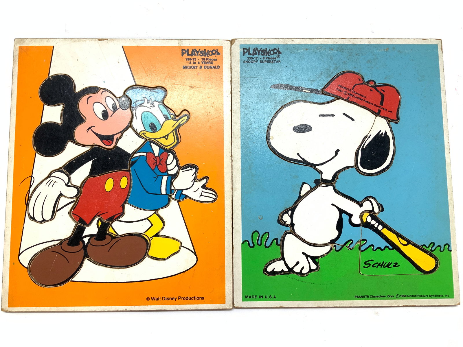 Lot2 Playskool Disney & Peanuts Puzzles USA 1958: SNOOPY & DONOLD DUCK WITH MICKEY MOUSE vintage wood composite puzzles. Snoopy dated c. 1958. All pieces present. Boards measure 11.5 x 9.25 in. Some surface wear. Made in USA Puzzles, childrens puzzle