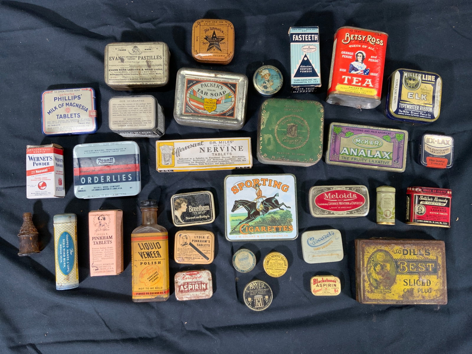 Vintage Over The Counter Medicinal Containers: Group collection of Vintage over the counter medicine containers. Vintage sedative, aspirin, breath mints, laxatives, cigarettes, nasal powder, fulcrum powder, tea, pastilles, and veneer containers. S